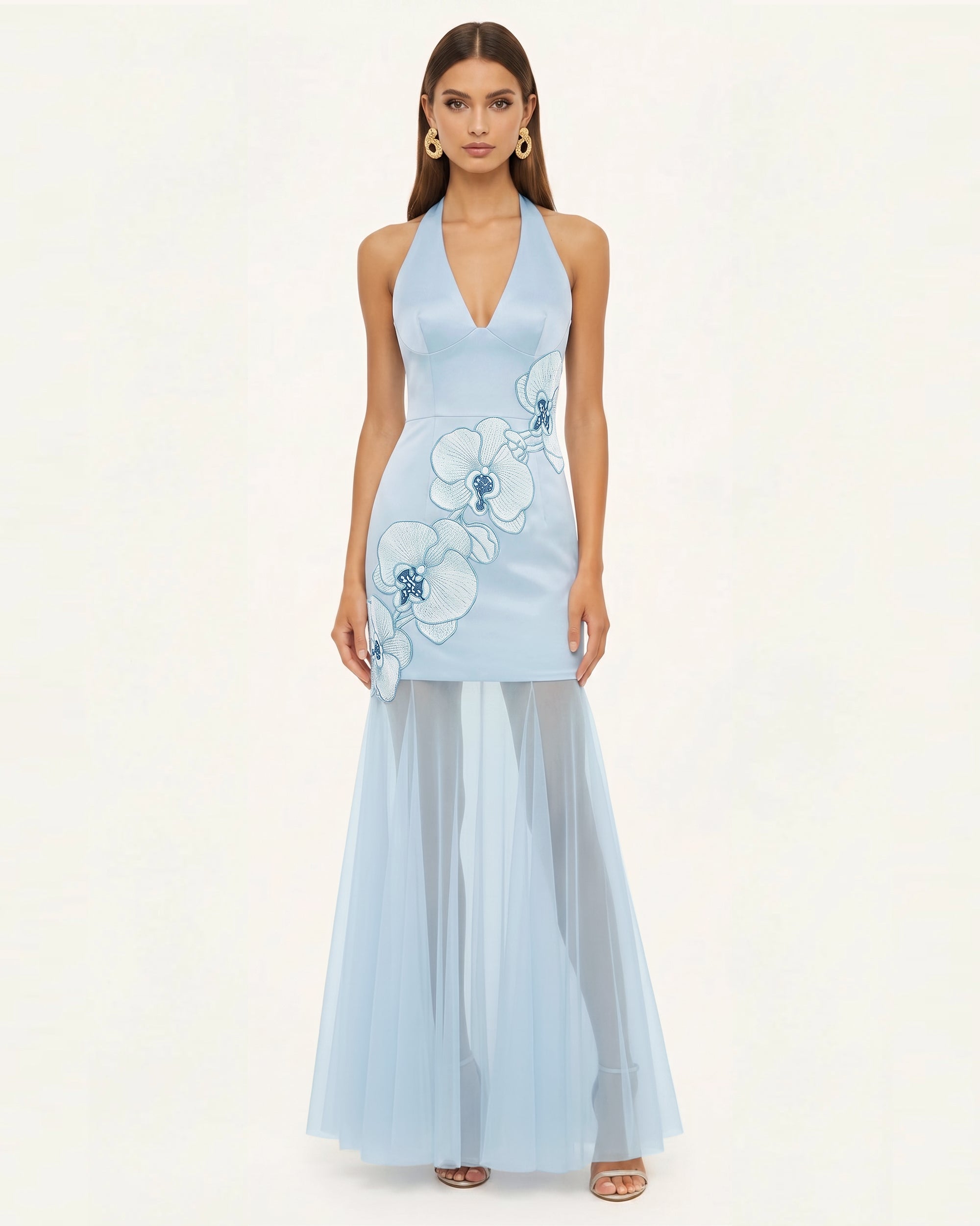 embroidered halter maxi dress Orchid Embroidered Sheer Hem Halter Maxi Dress