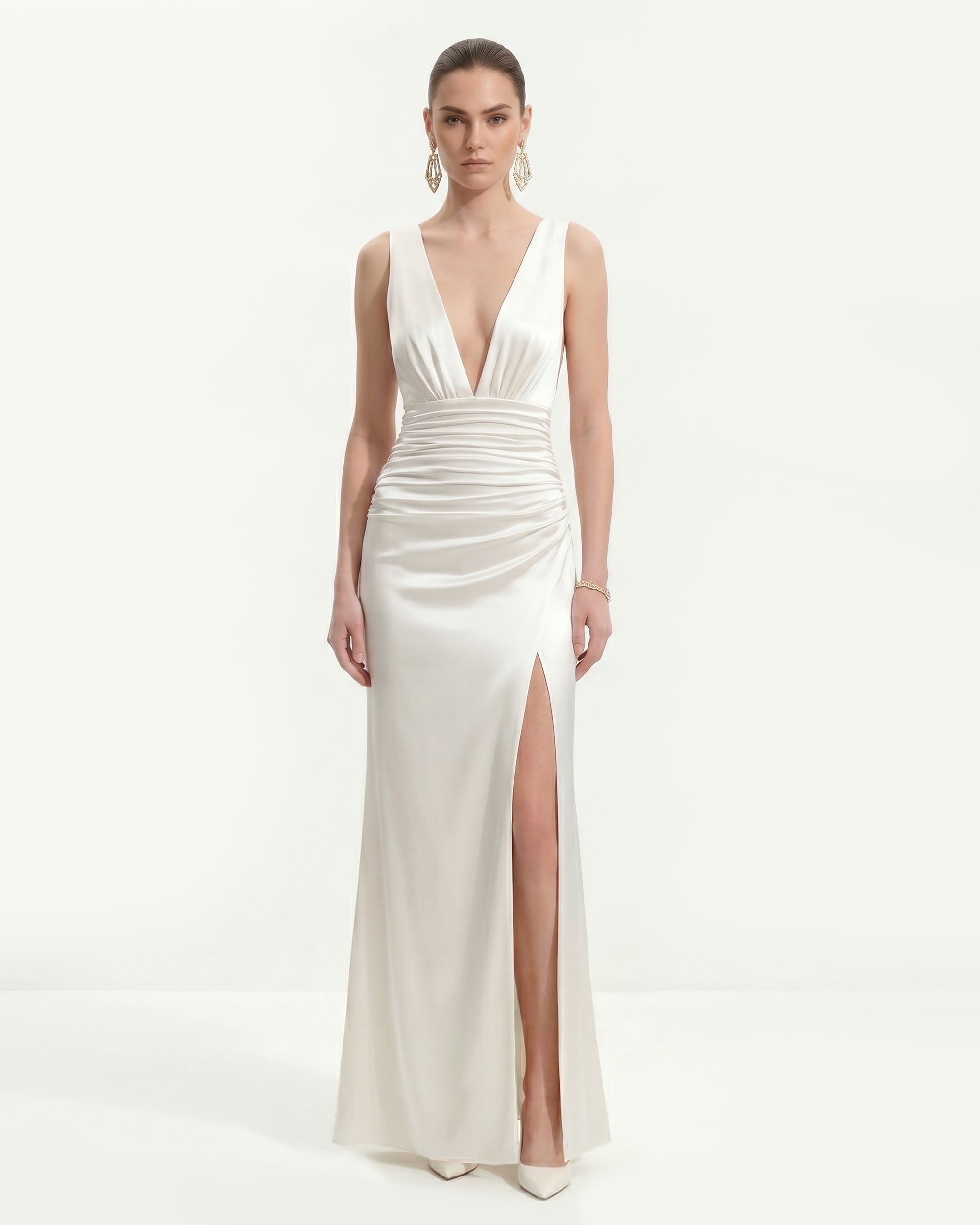 deep v white maxi dress Deep V-Neck Ruched Embellished Button Maxi Dress, White / XS