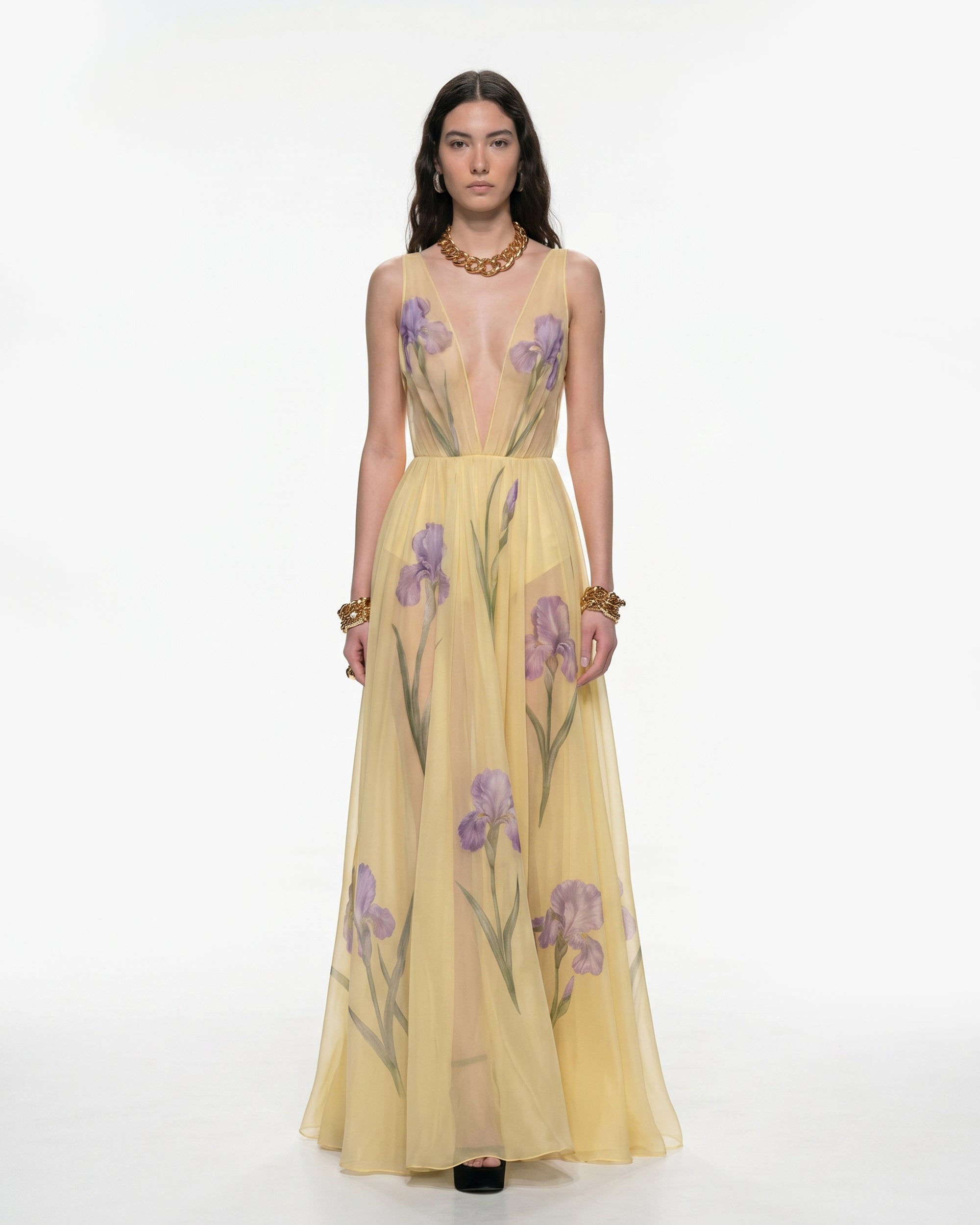 yellow sheer maxi dress Sheer Floral Print Maxi Dress - Yellow