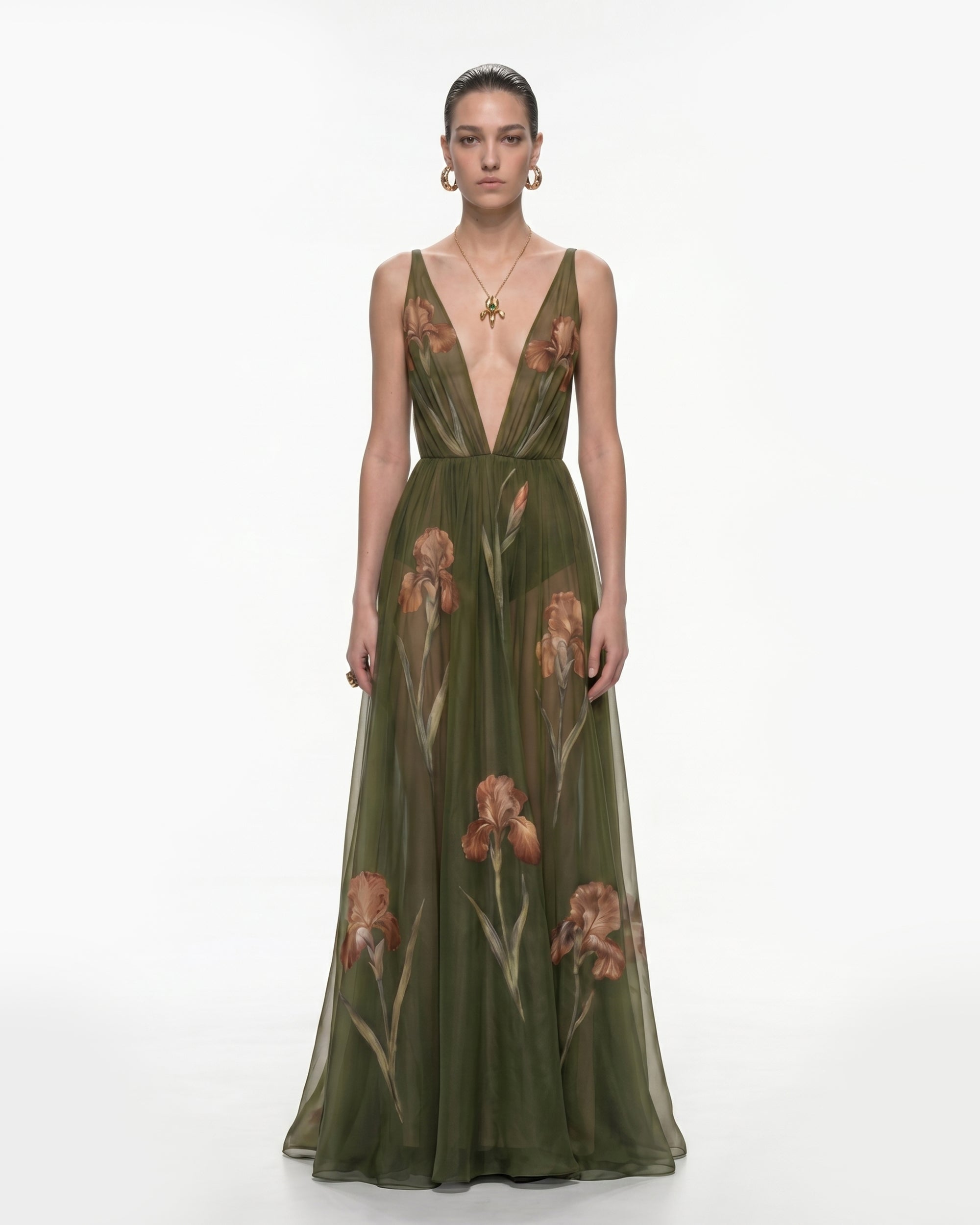 Sheer Floral Print Maxi Dress - Olive 10
