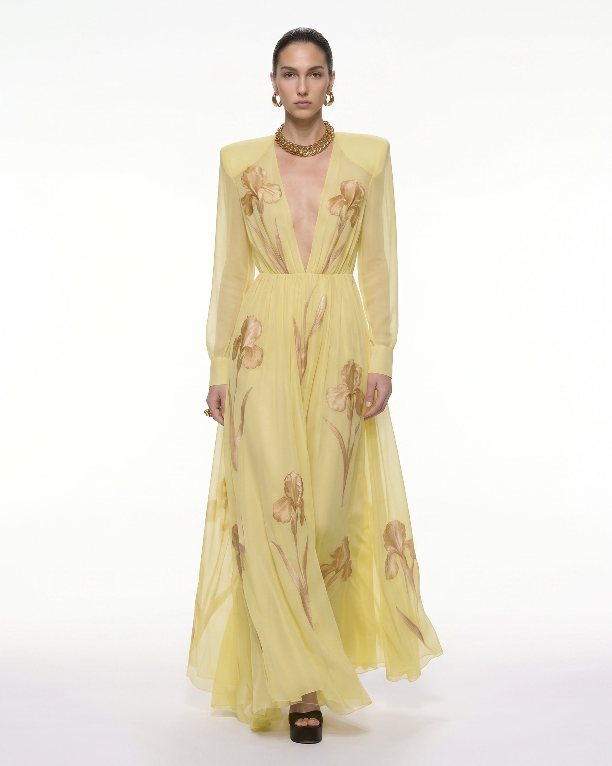 yellow dress with sheer bottom Iris Floral Print Long-Sleeve Sheer Gown - Yellow 8