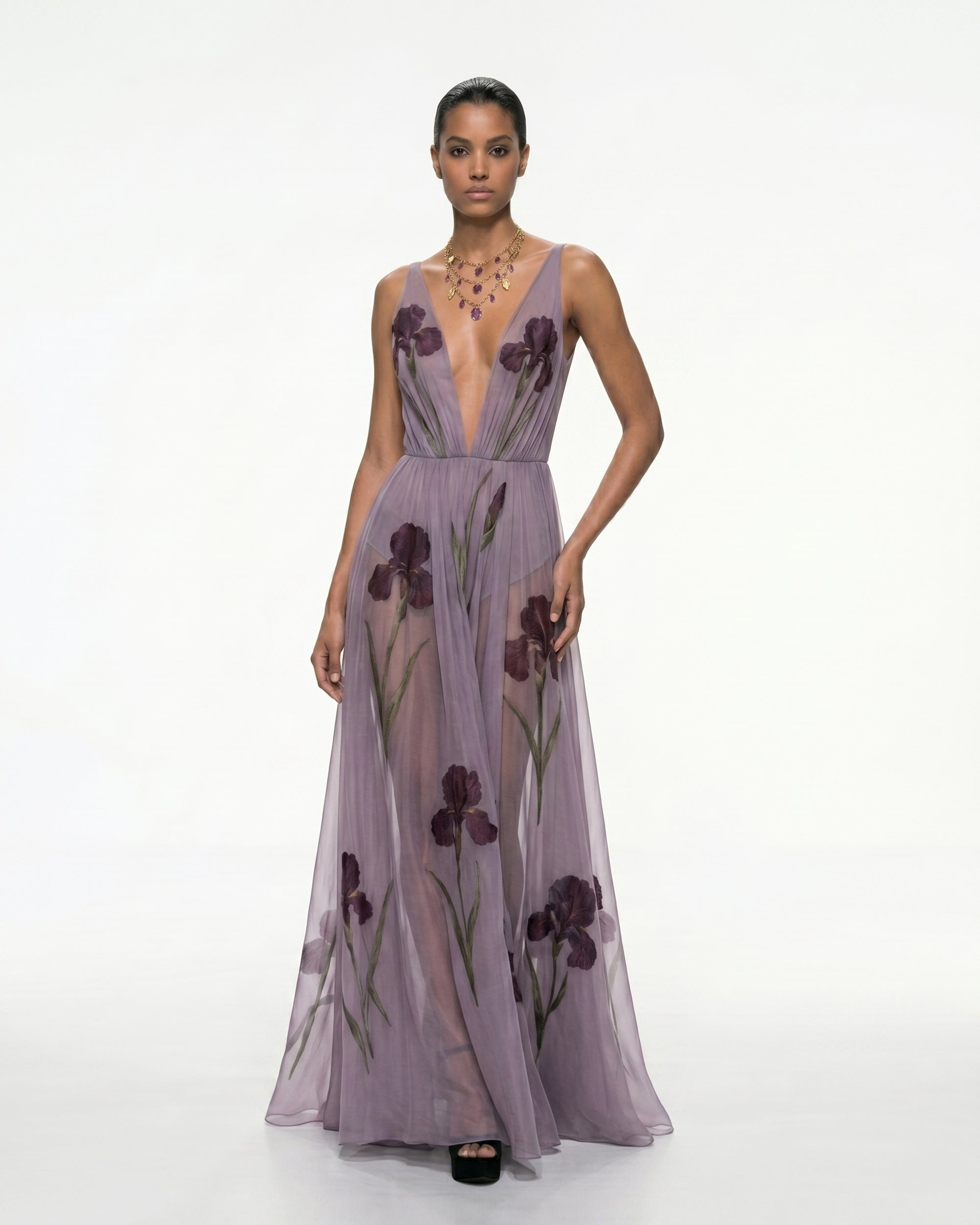 lavender floral maxi dress Smocked Bodice Flowing Layla Tulle Maxi in lavender with blush floral print Berylove Women Lavender Flower A-line