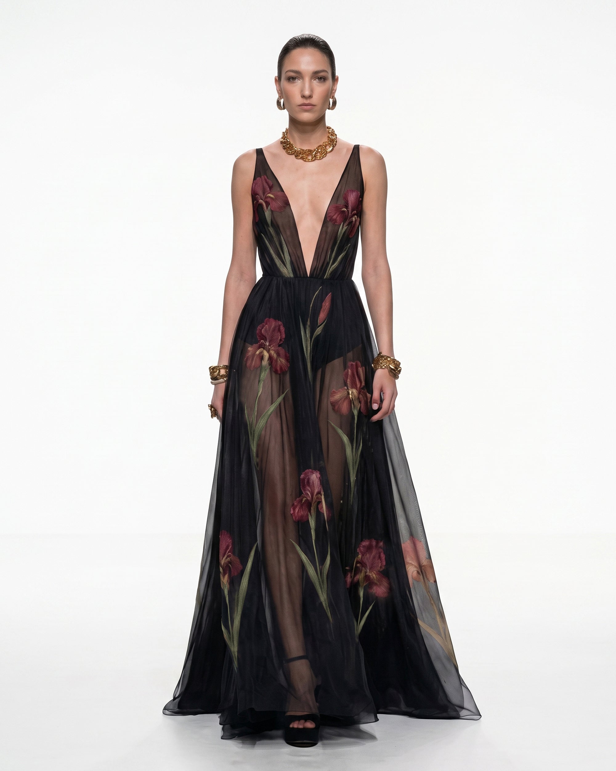 Sheer Floral Print Maxi Dress - Black & Burgundy