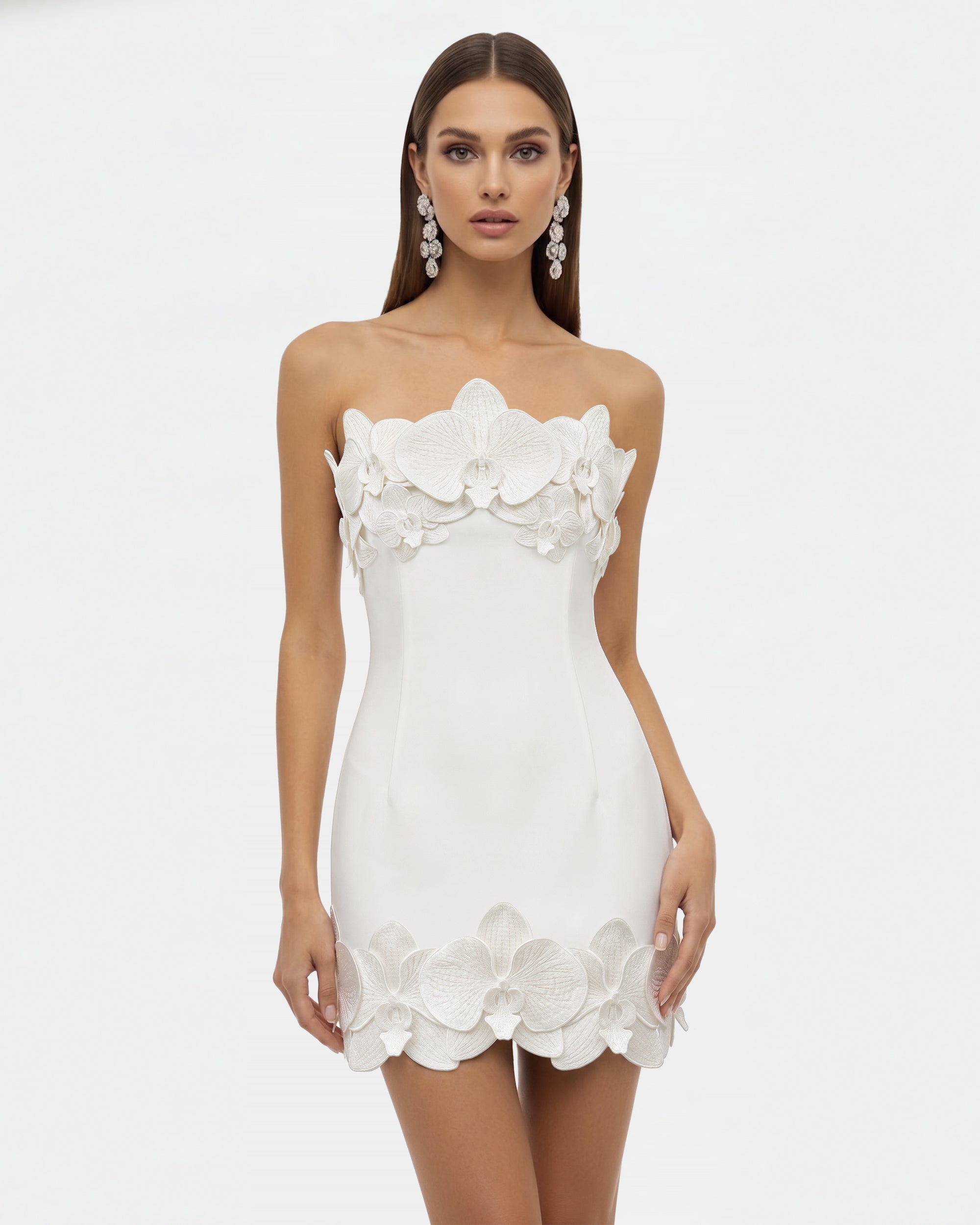 strapless white mini dresses Izabel Beaded Fringe Dress 100% Polyester Cold hand wash Do not bleach Do not soak Do not rub Warm iron inside out Do not dry clean Delicate material Orchid Trim Strapless Mini Dress