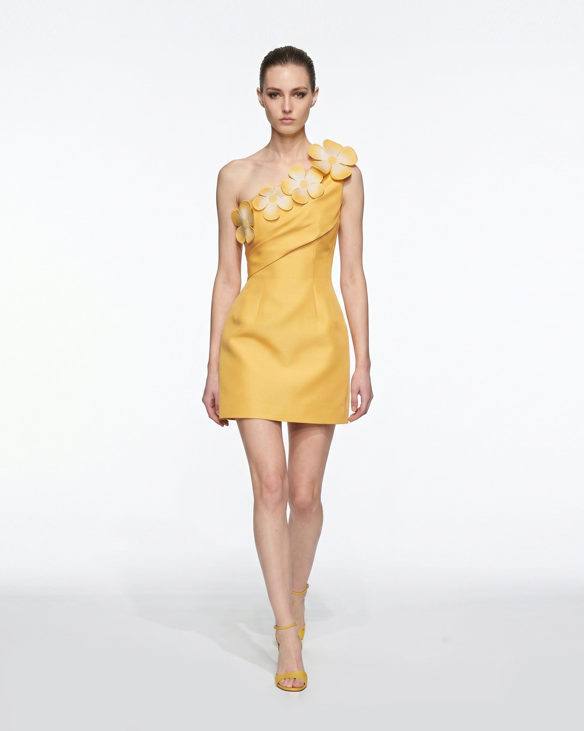 Floral Appliqué One Shoulder Mini Dress - Yellow 4