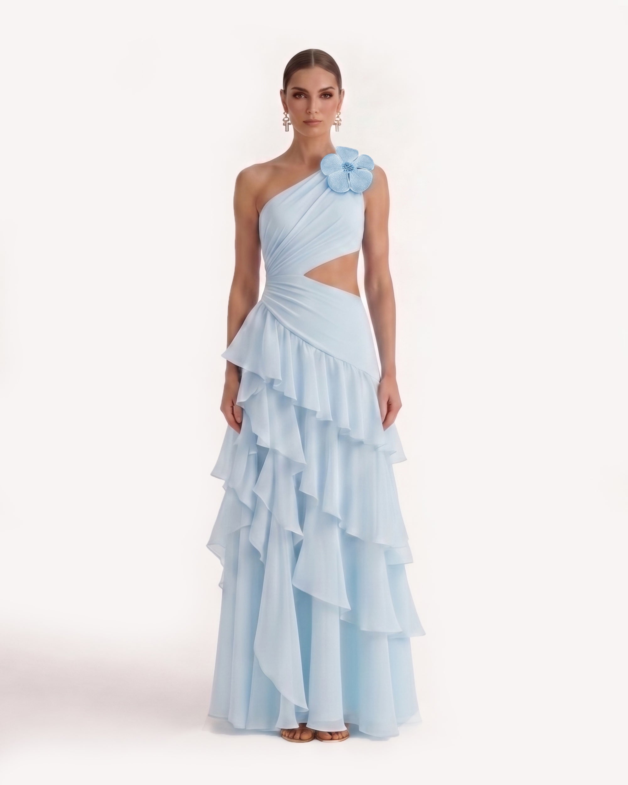 chiffon dress ruffle One Shoulder Cutout Maxi - Blue stopping occasion look This SIZE:33/30 The Little Black Dress: 1920s costumes