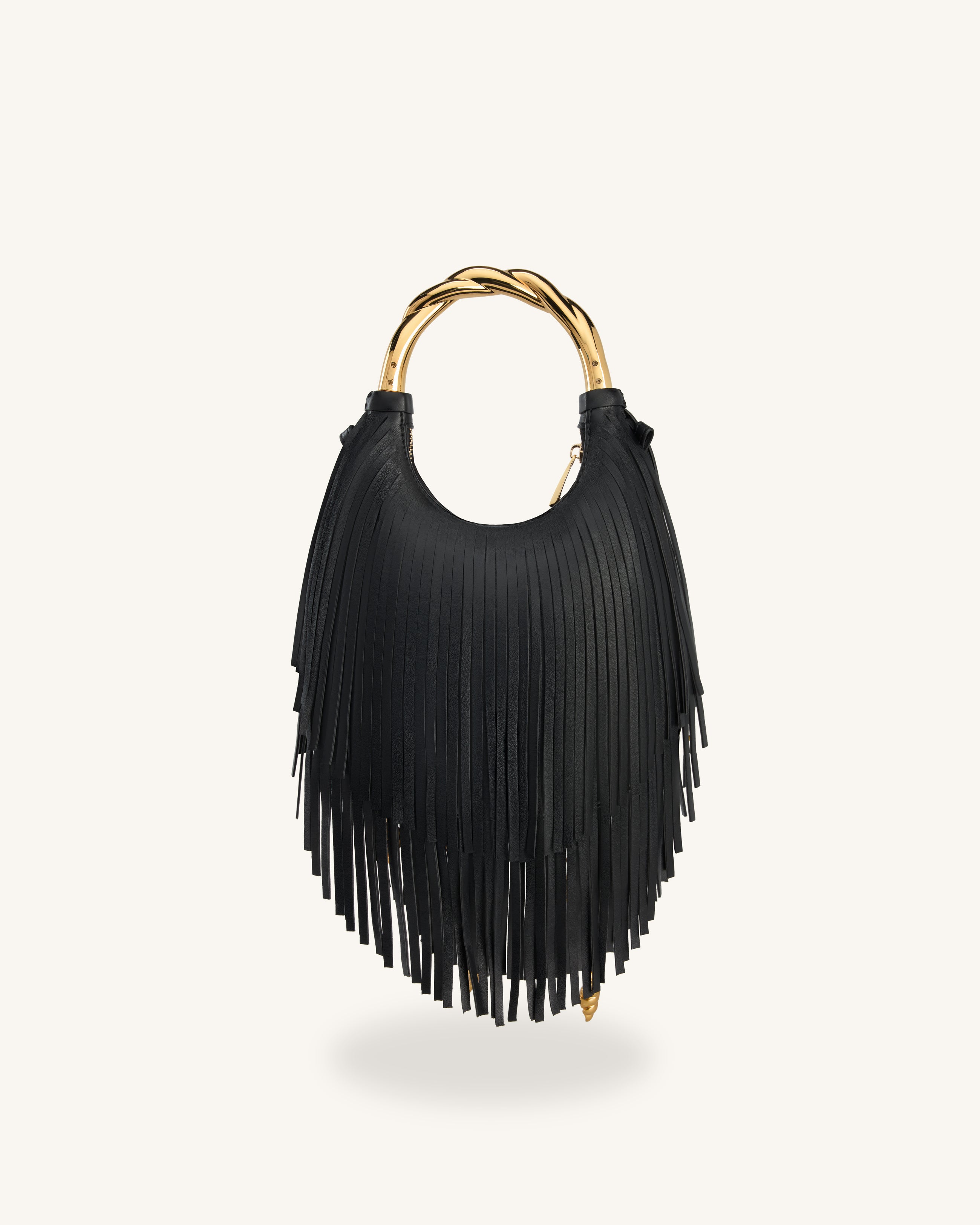 Chloe Metal Handle Fringe Top Handbag - Black