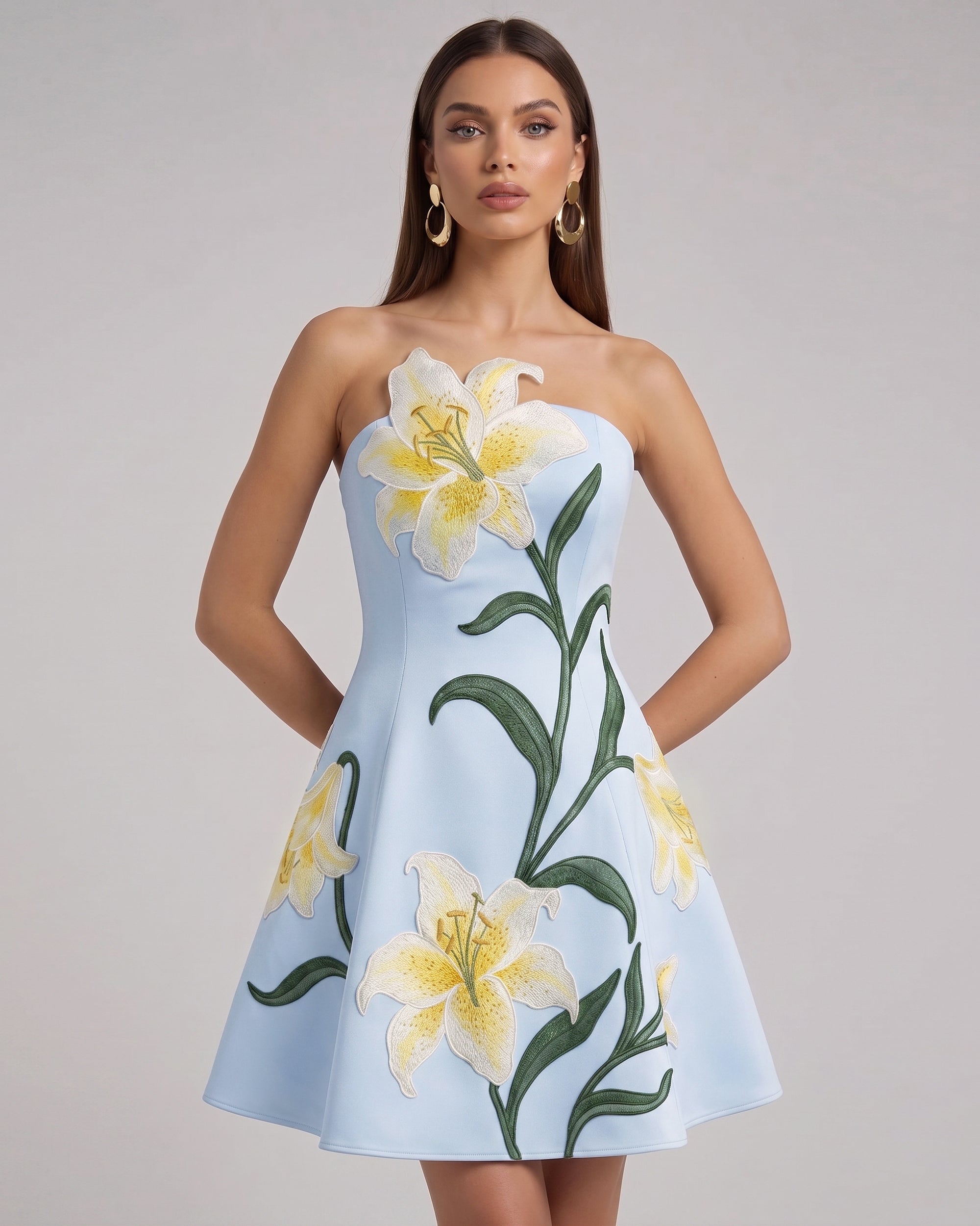 Lily Floral Print Strapless A-Line Mini Dress - Light Blue 10