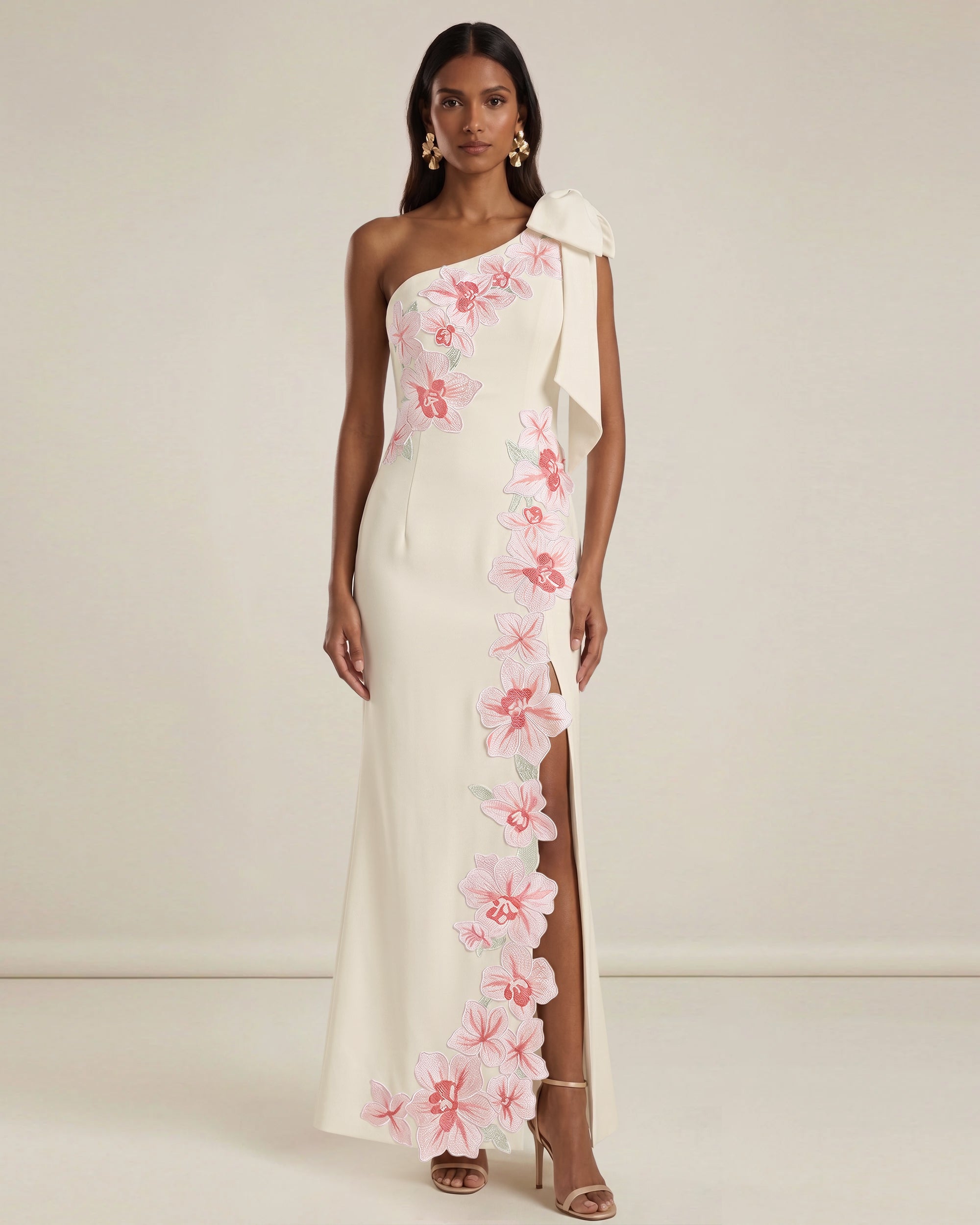 Flower Embroidered One-Shoulder Maxi Dress - Ivory | JW PEI