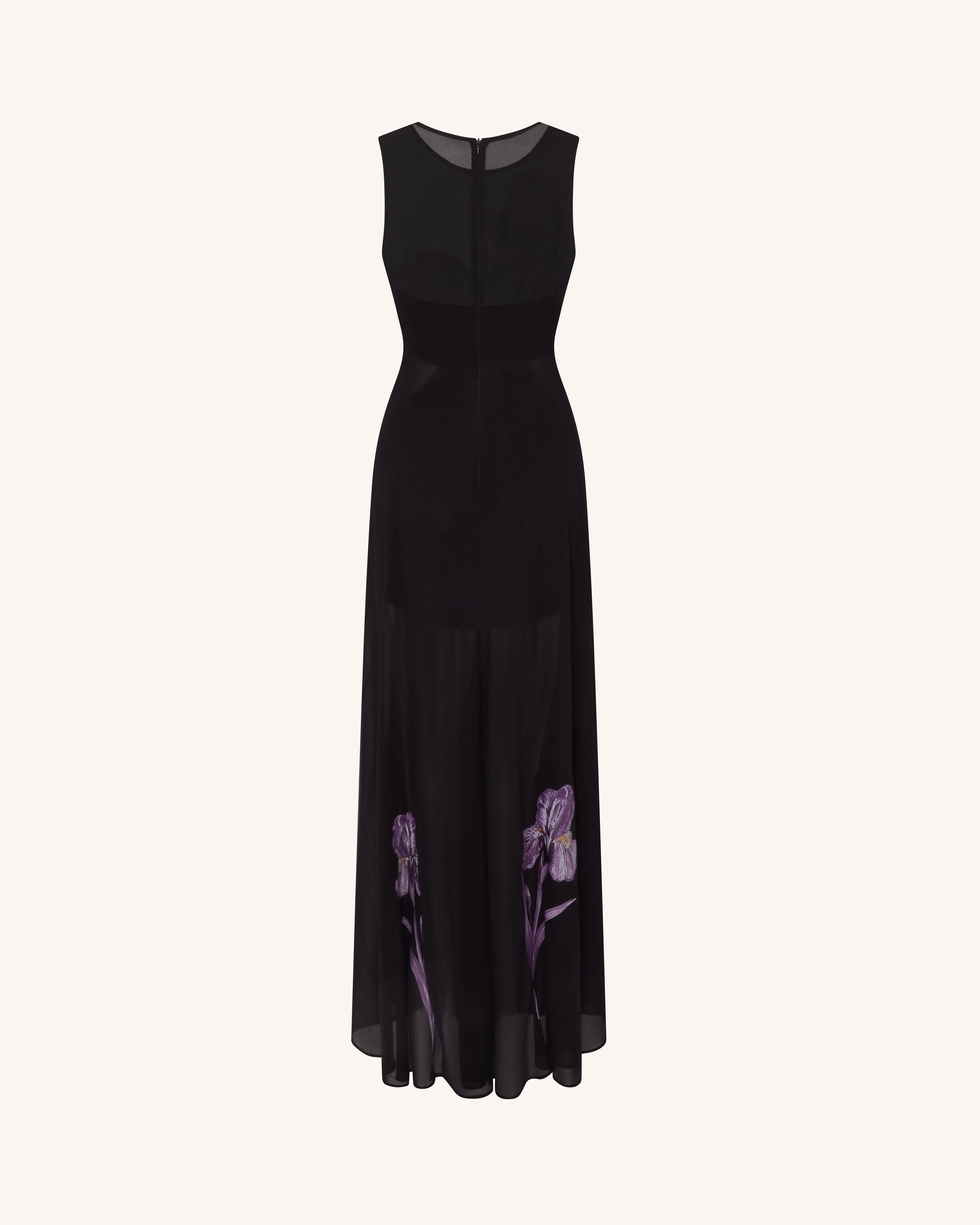 Sheer Floral Print Paneled Maxi Dress - Black
