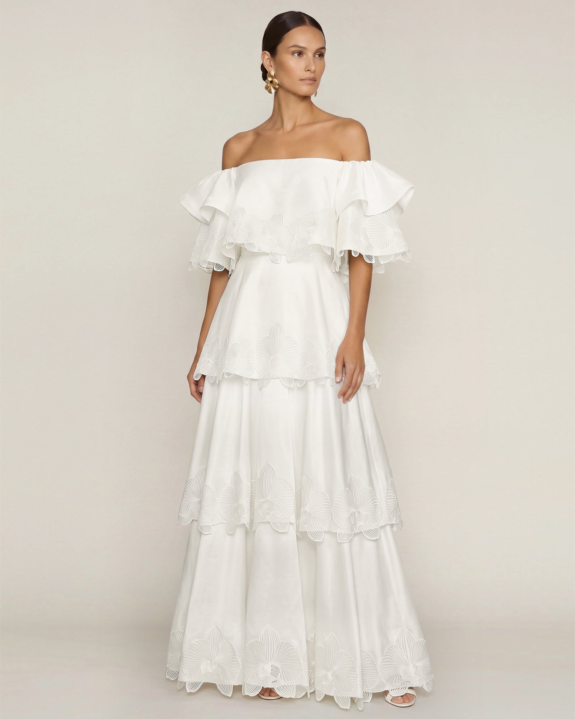 off shoulder white flowy dress Orchid Embroidered Tiered Off-Shoulder Maxi - The SANDRINE Off Shoulder