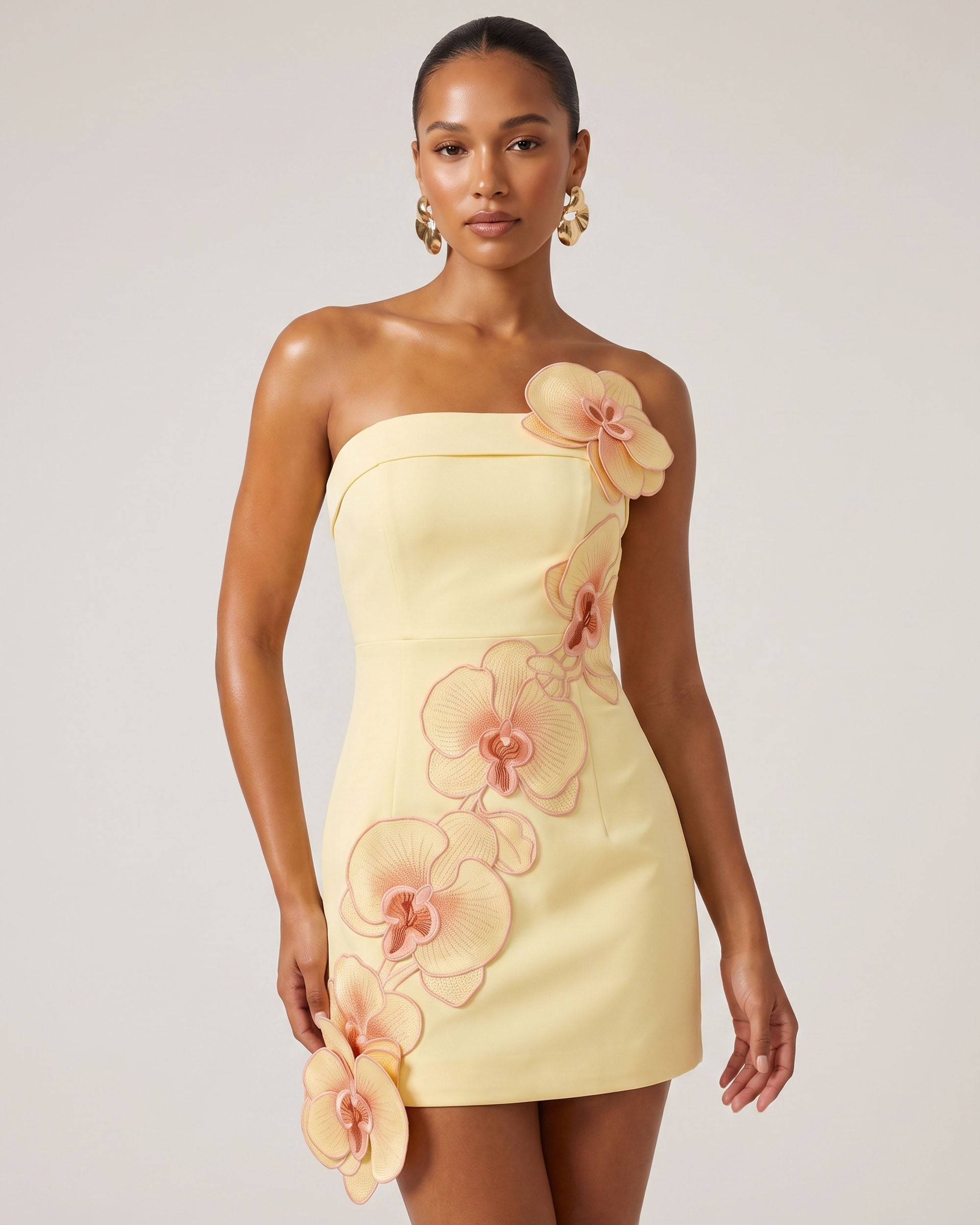 embroidered applique dress Orchid Floral Appliqué Strapless Mini - Light Yellow Color:Leaves Light Green LowStock:44039482671155 Ballroom Dress Plus Size Lace multi