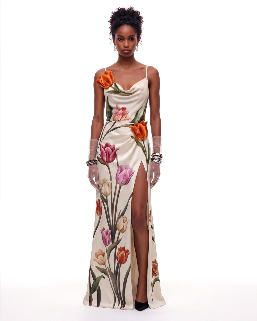 tulip maxi dress Floral Cowl-Neck Slit - Ivory Size:Custom Size(Rocommend) Ivory Grey Square Neck Long Sleeve The Tulip dress is
