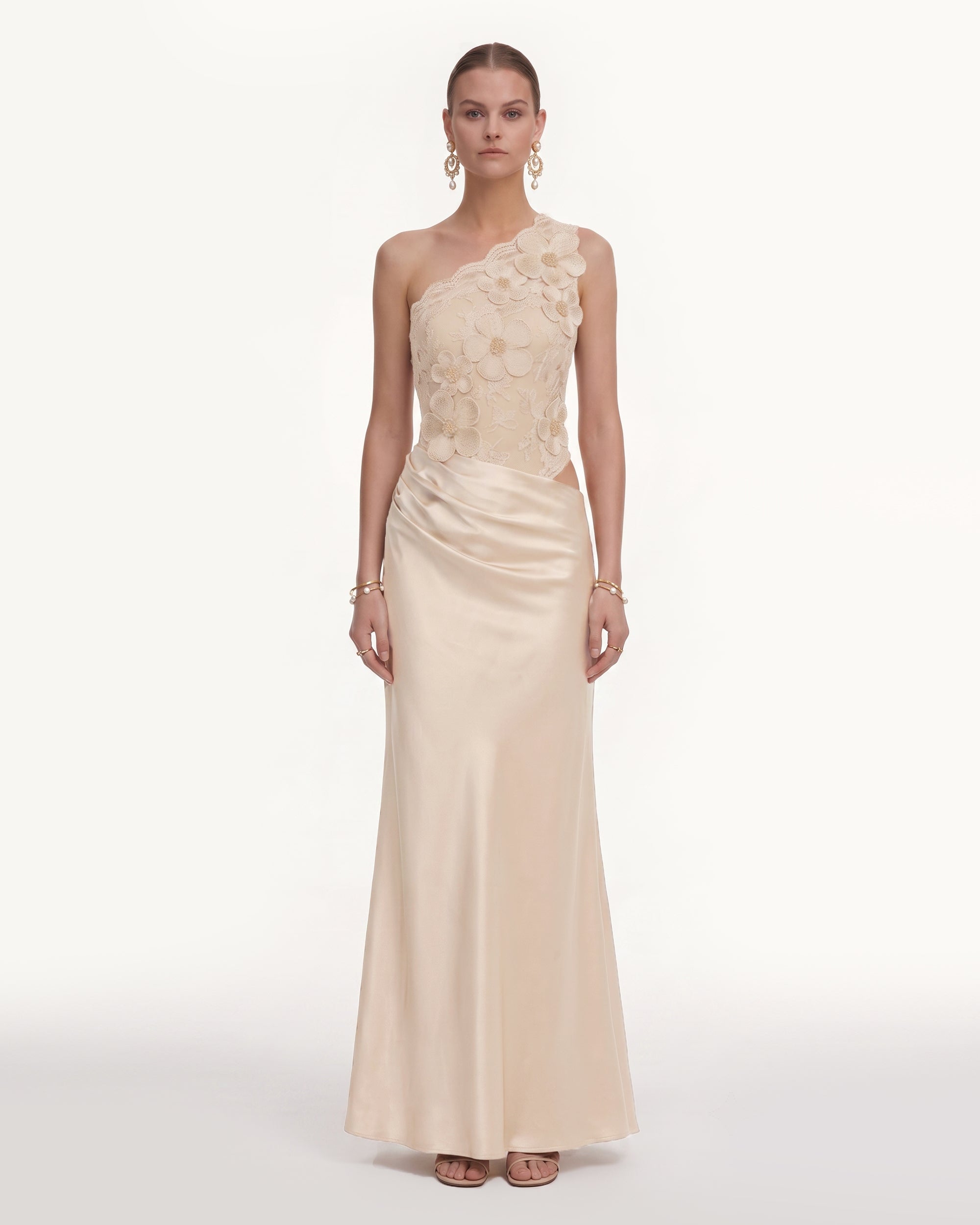 Floral One Shoulder Satin Dress