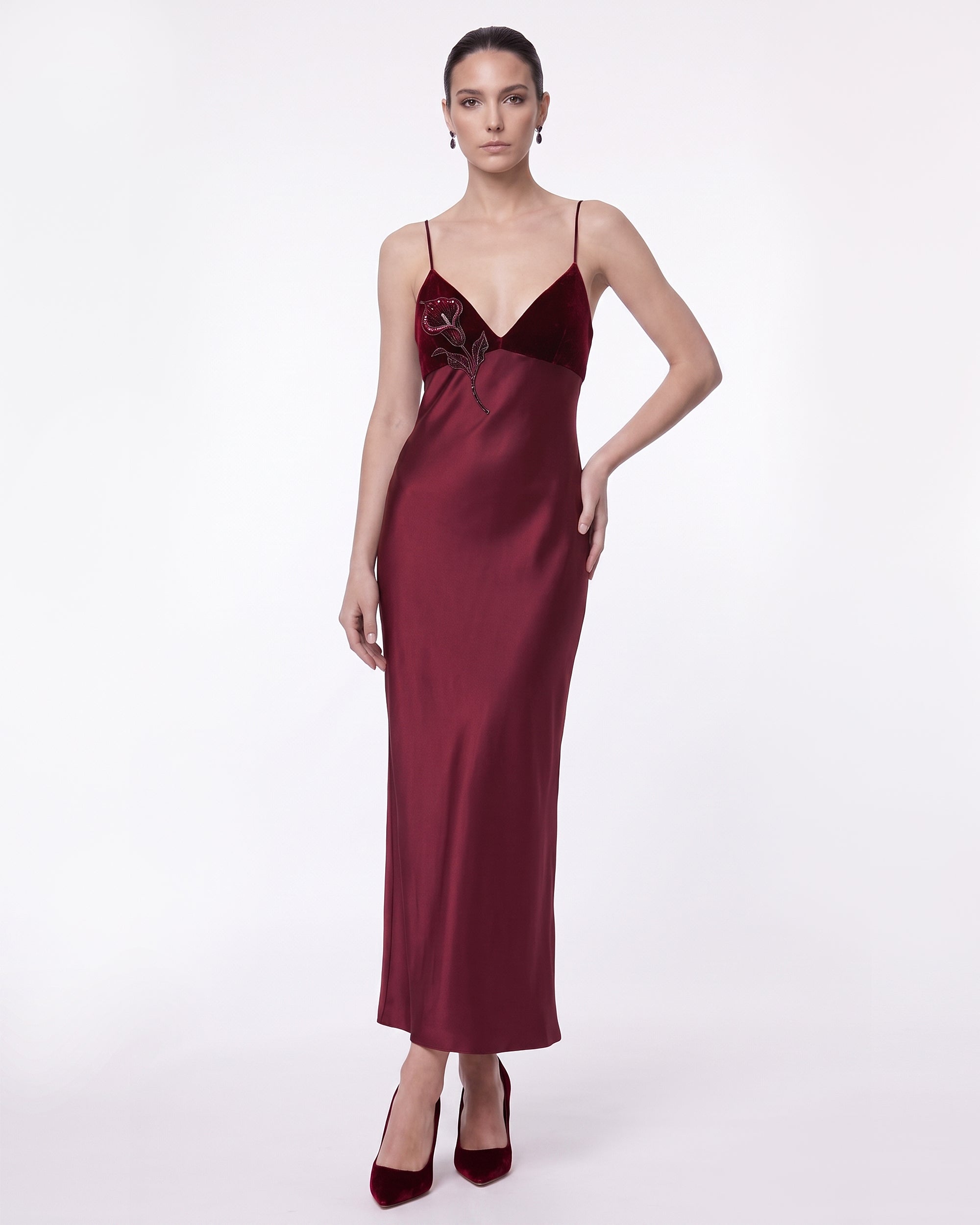 maxi burgundy velvet dress Floral Embellished Velvet-Trim Strappy - Collection:Crinkle Collective - White Style:AP1E213849 providing the perfect balance After Five Prom & Prom dress with