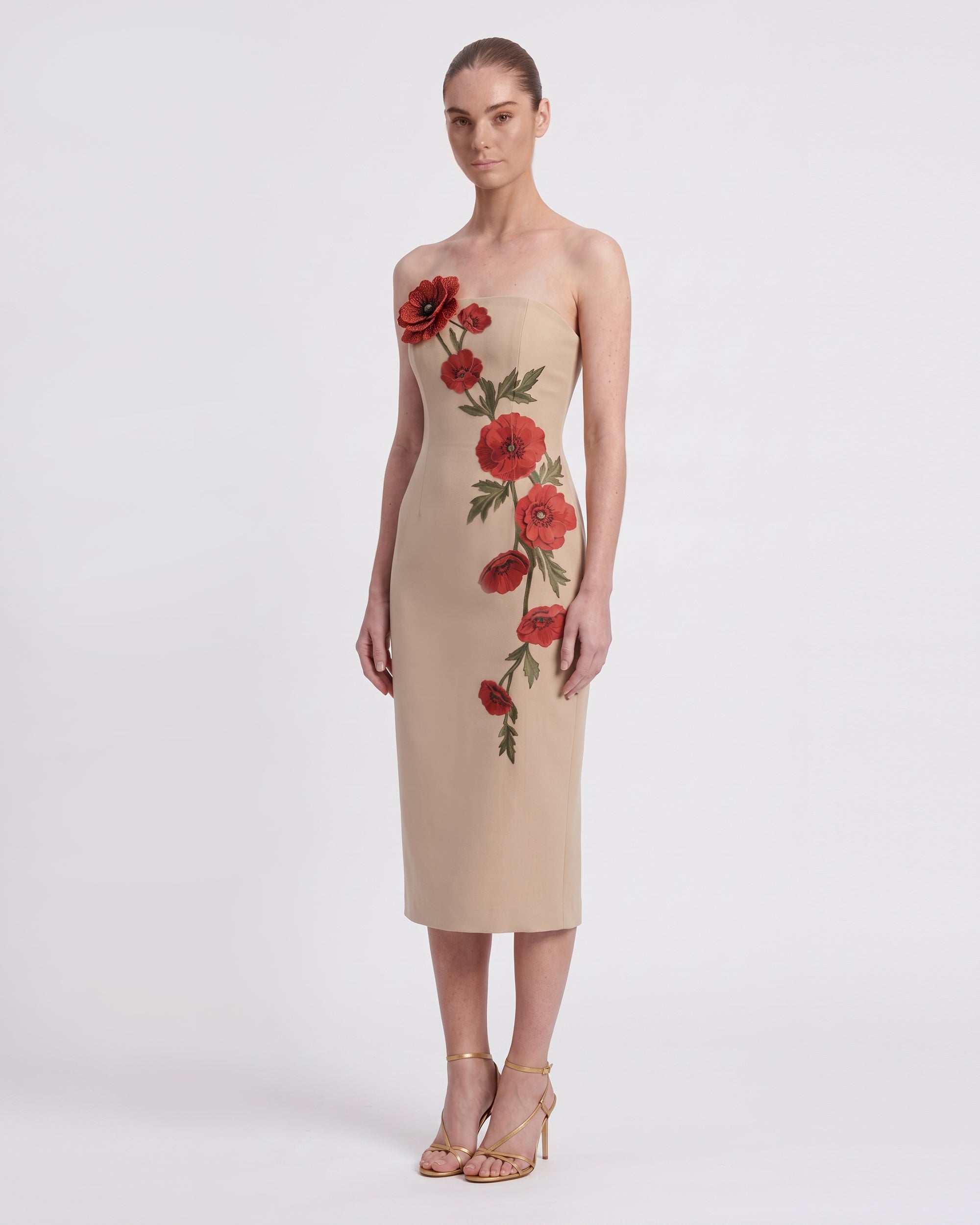 Corn Poppy 3D Floral Strapless Column Midi Dress - Nude Beige