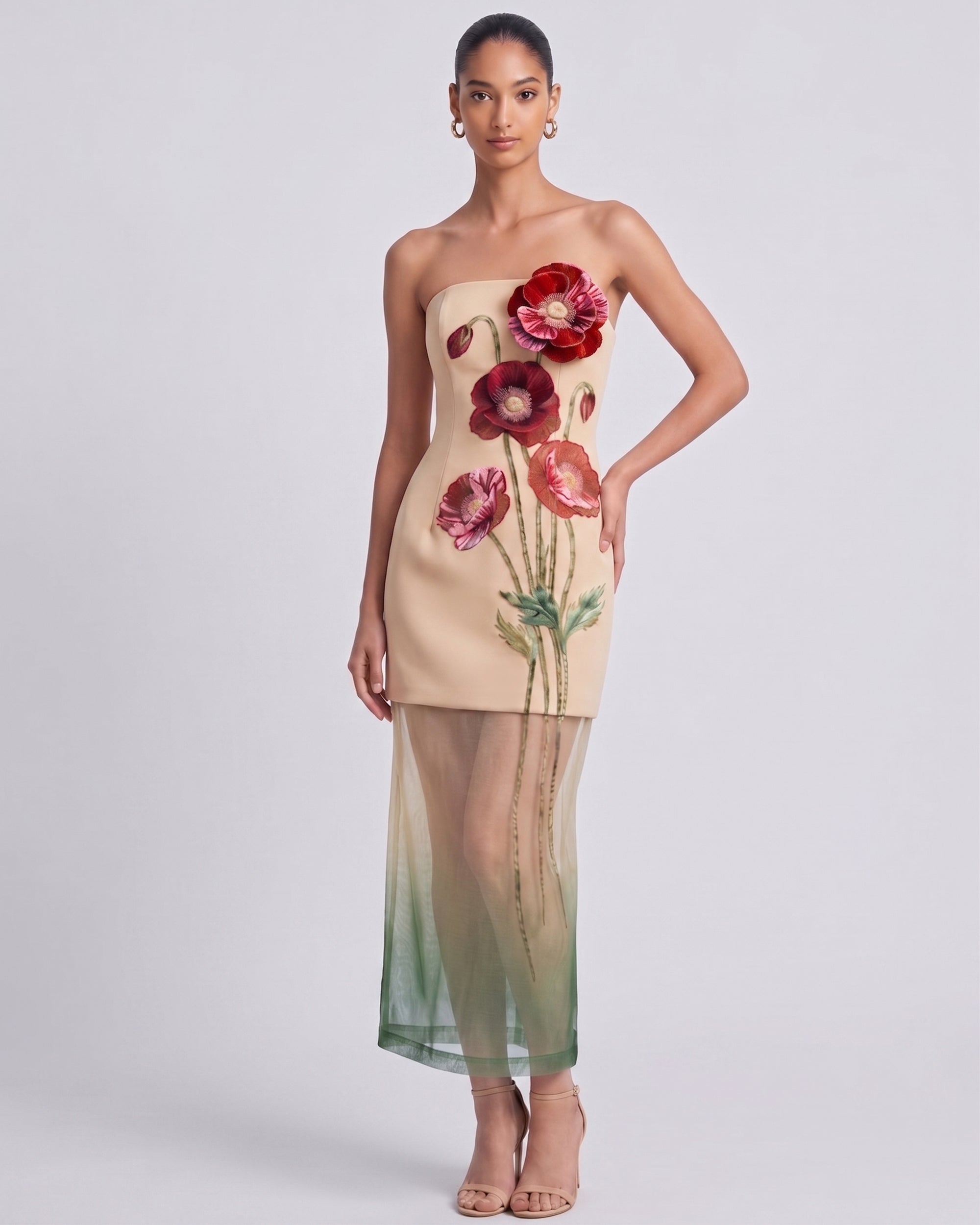 flower sheer dress 3-D Bodice Mesh Ball Gown w/ Side Mesh Long Drapes 2XL / Blush The intricate embroidery work is not only a visual delight but also speaks to the fine craftsmanship behind this unique piece Cornelia Floral Sheer Maxi Dress