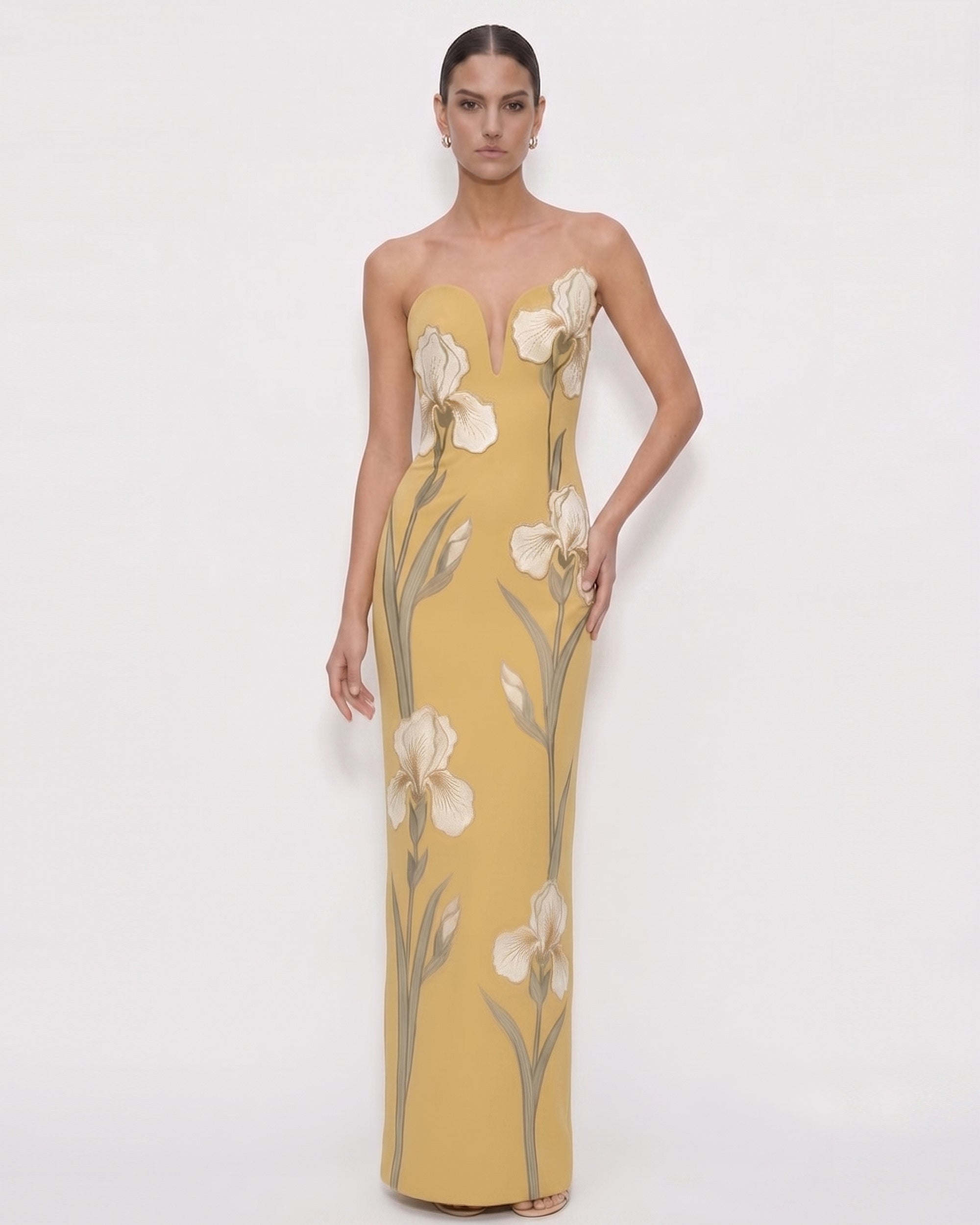 mustard yellow strapless dress Raquel Strapless Layered Dress Floral Print Mustard