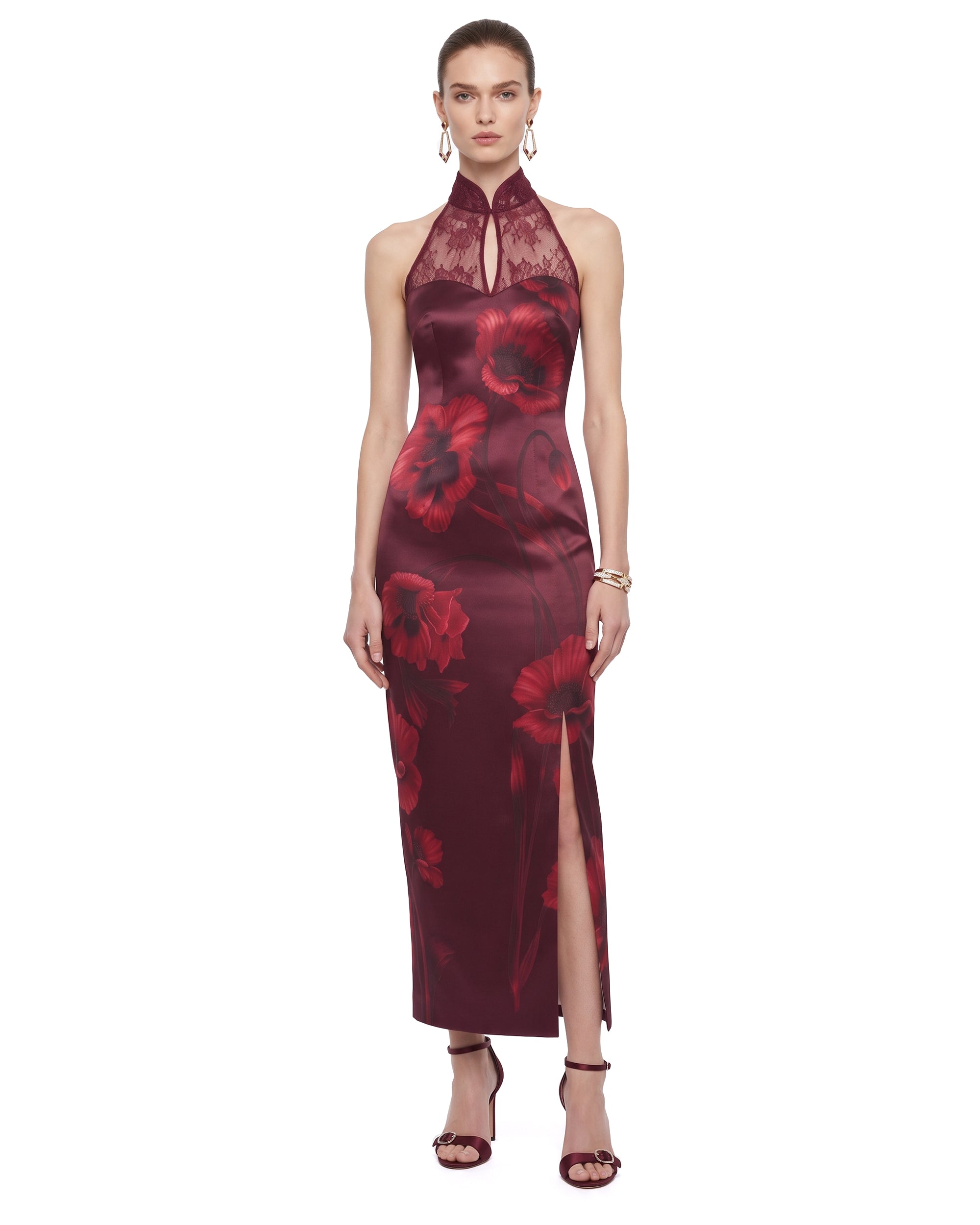 lace midi dress burgundy The Cheongsam-Reimagined Slit - Womens dresses Secondary color:Other Shoulder Straps Blue Floral Midi Dress Details Elevate your evening