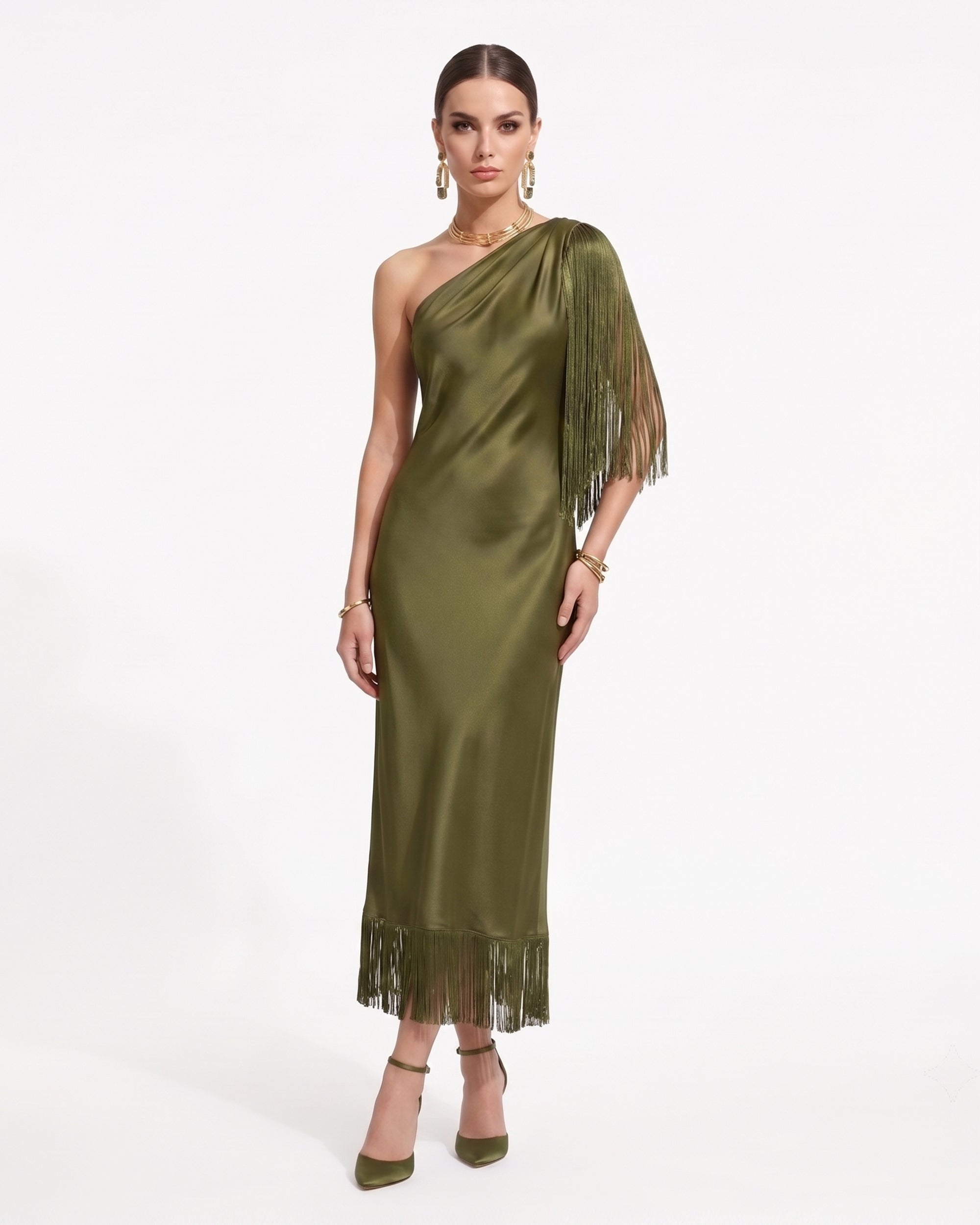 One Shoulder Fringe Midi Dress - Olive Green 10