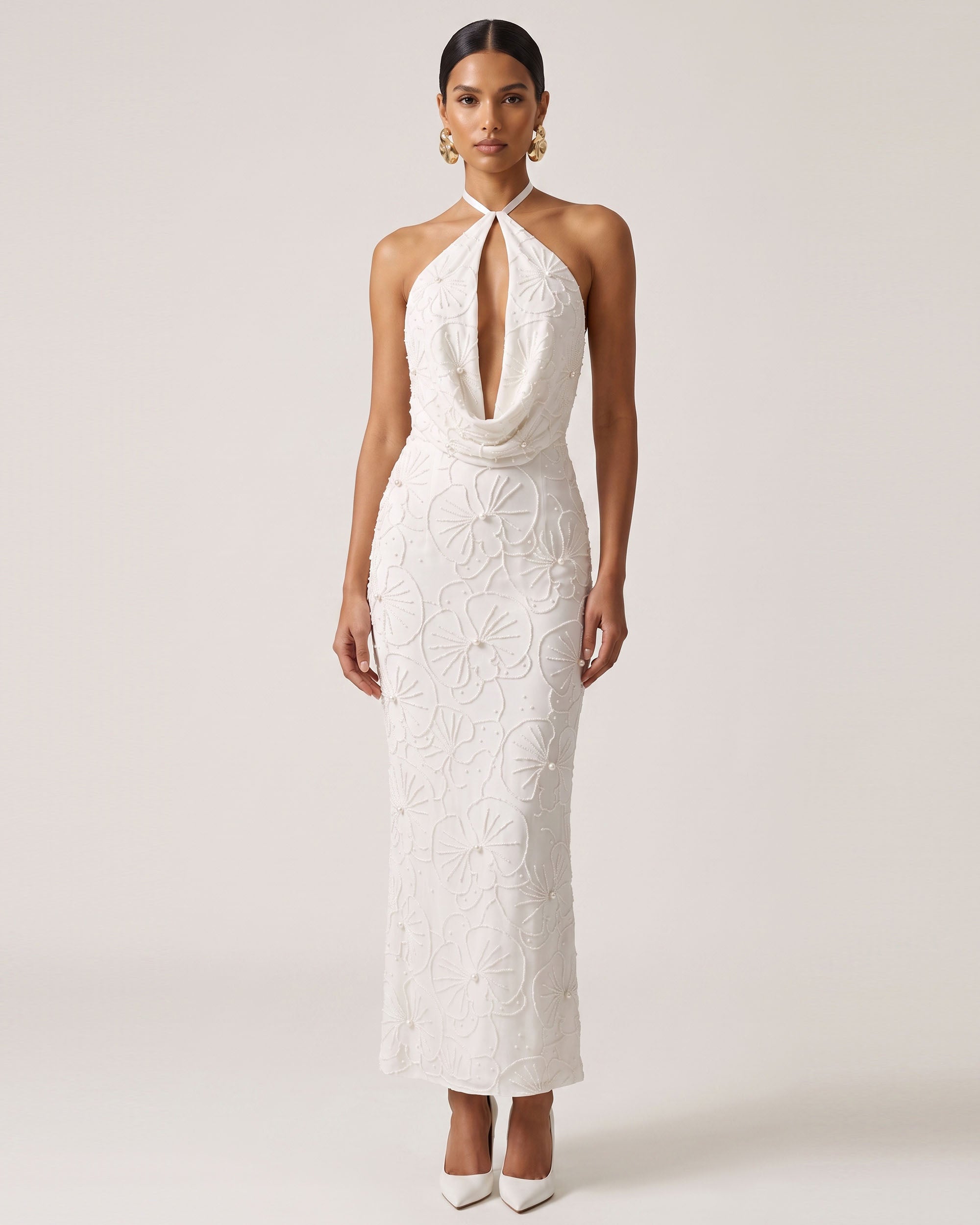 keyhole dress white Orchid Beaded Embroidered Cowl Halter Maxi - 2 Size:36W X 34L The white graduation dress modern woman Bridesmaid Fuchsia Dress A