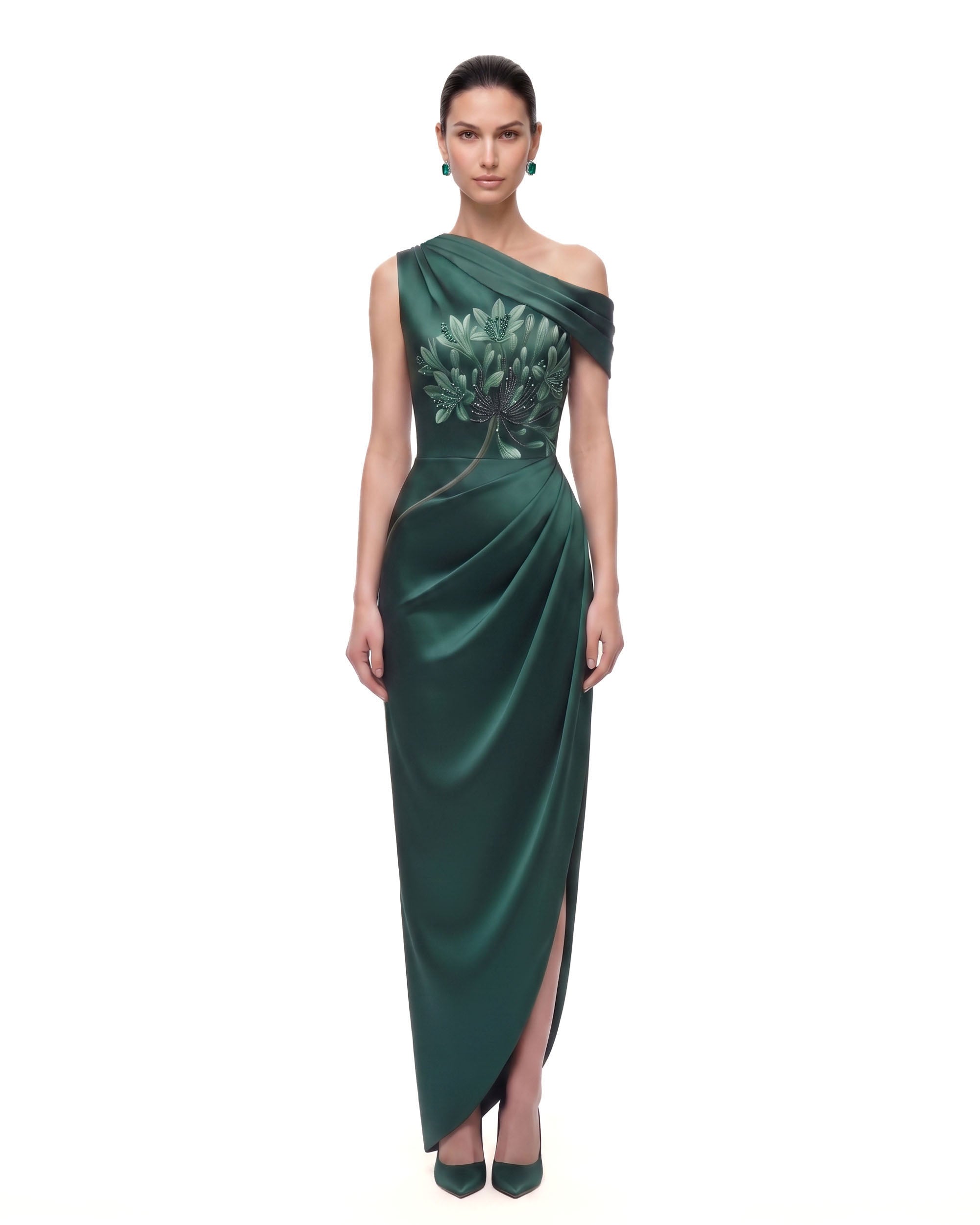 emerald green dress slit Floral One-Shoulder Draped Maxi - Color:Medium blue denim 8 Ways for Men Great Gatsby Evening dress 85 cm HIPS 41.3