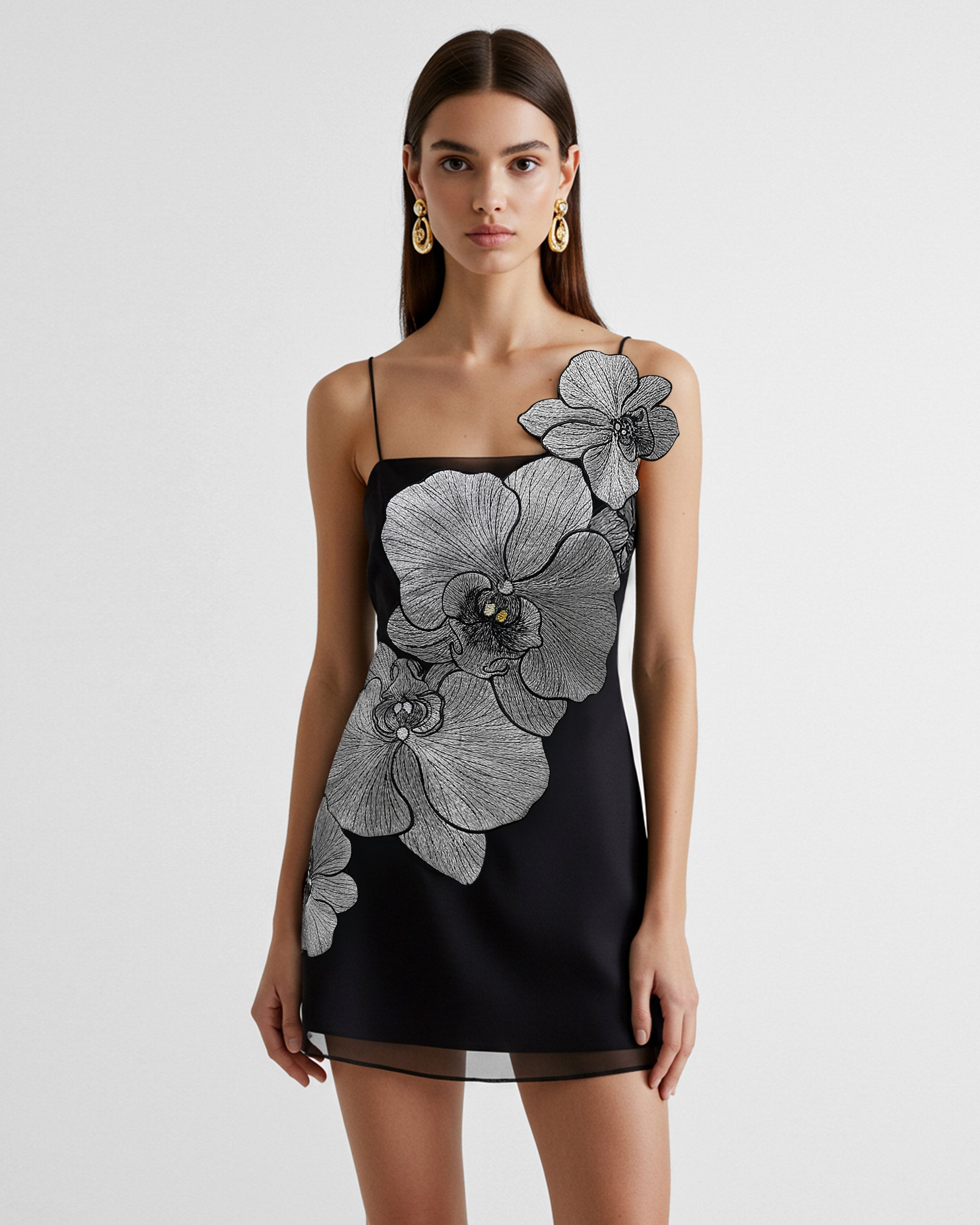 Orchid Appliqué Mini Dress - Black/Silver | JW PEI