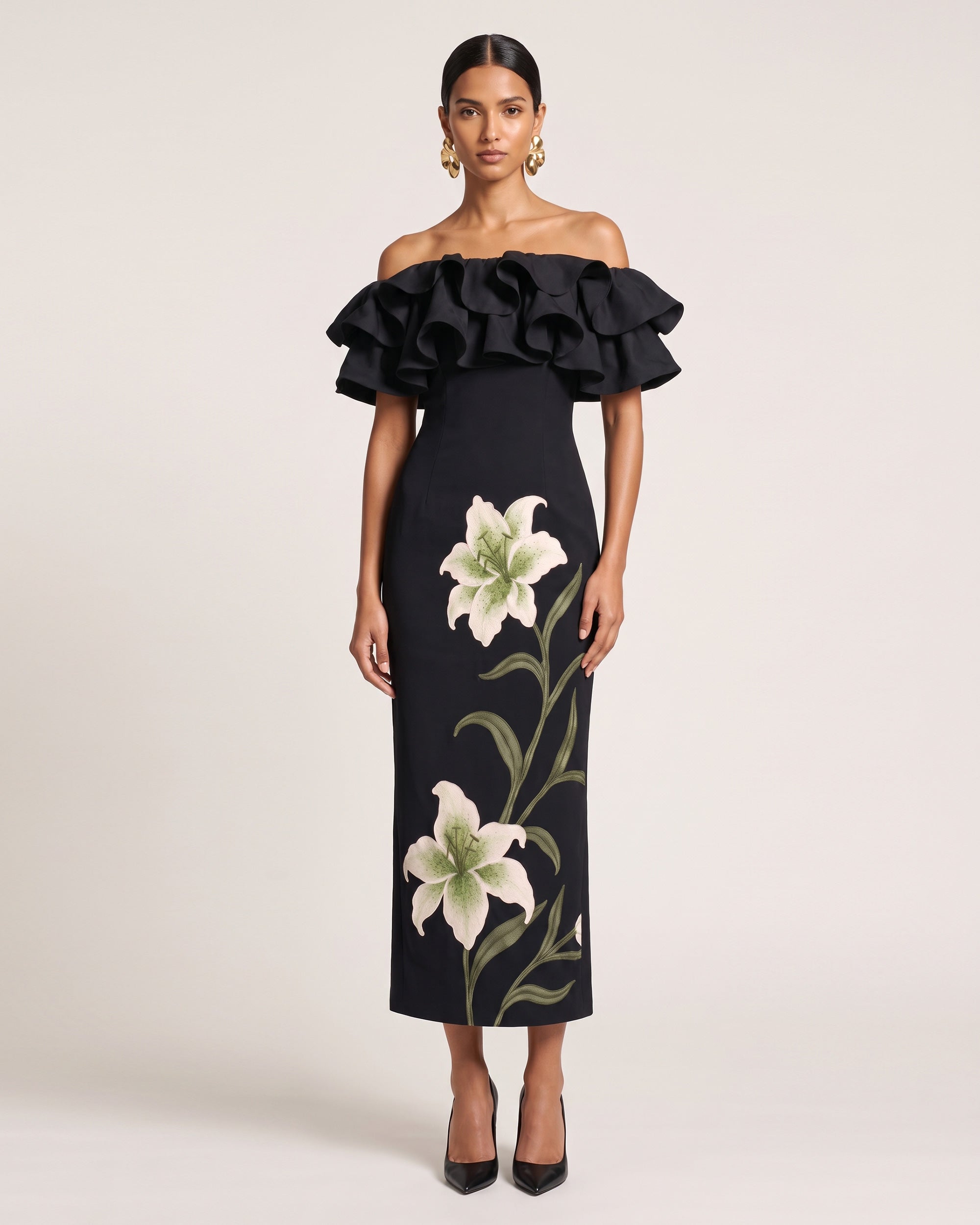Lily Embroidered Ruffled Off-Shoulder Maxi Dress - Black