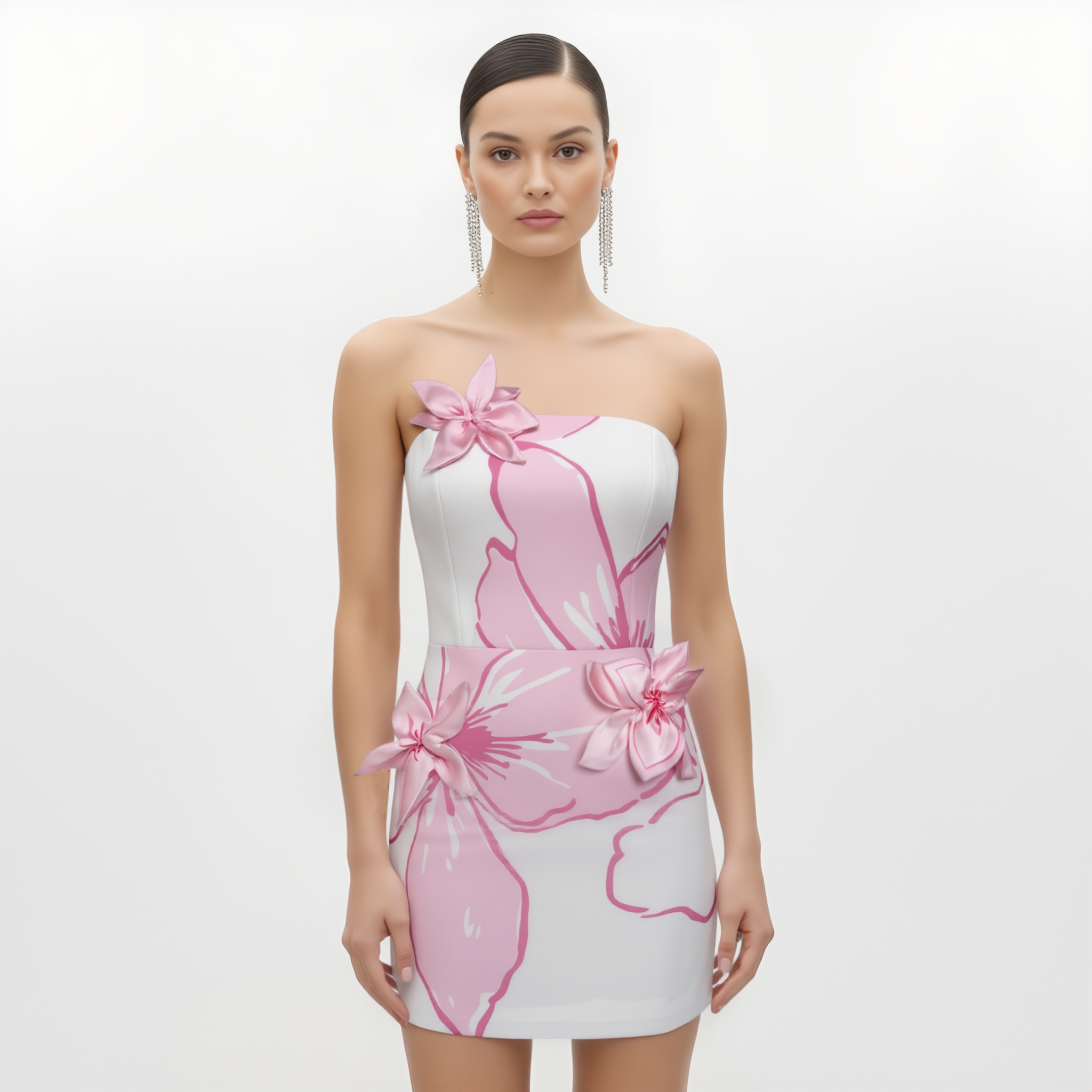 Mini Dress with Pink Floral Appliqués - White/Pink