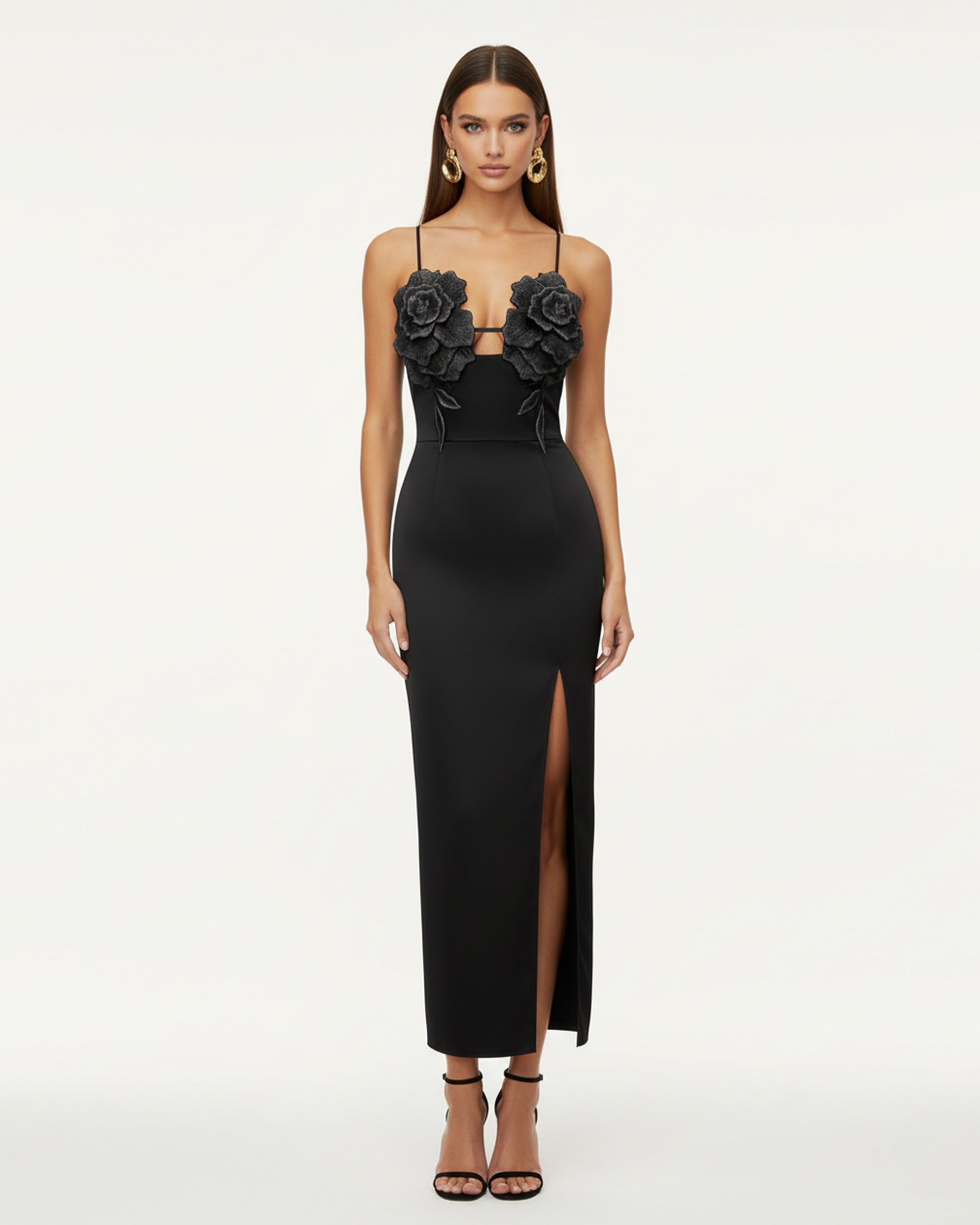 3D Floral Strappy Maxi Dress - Black, 8 | US 3D Floral Strappy Maxi Dress - Black, 8 | US