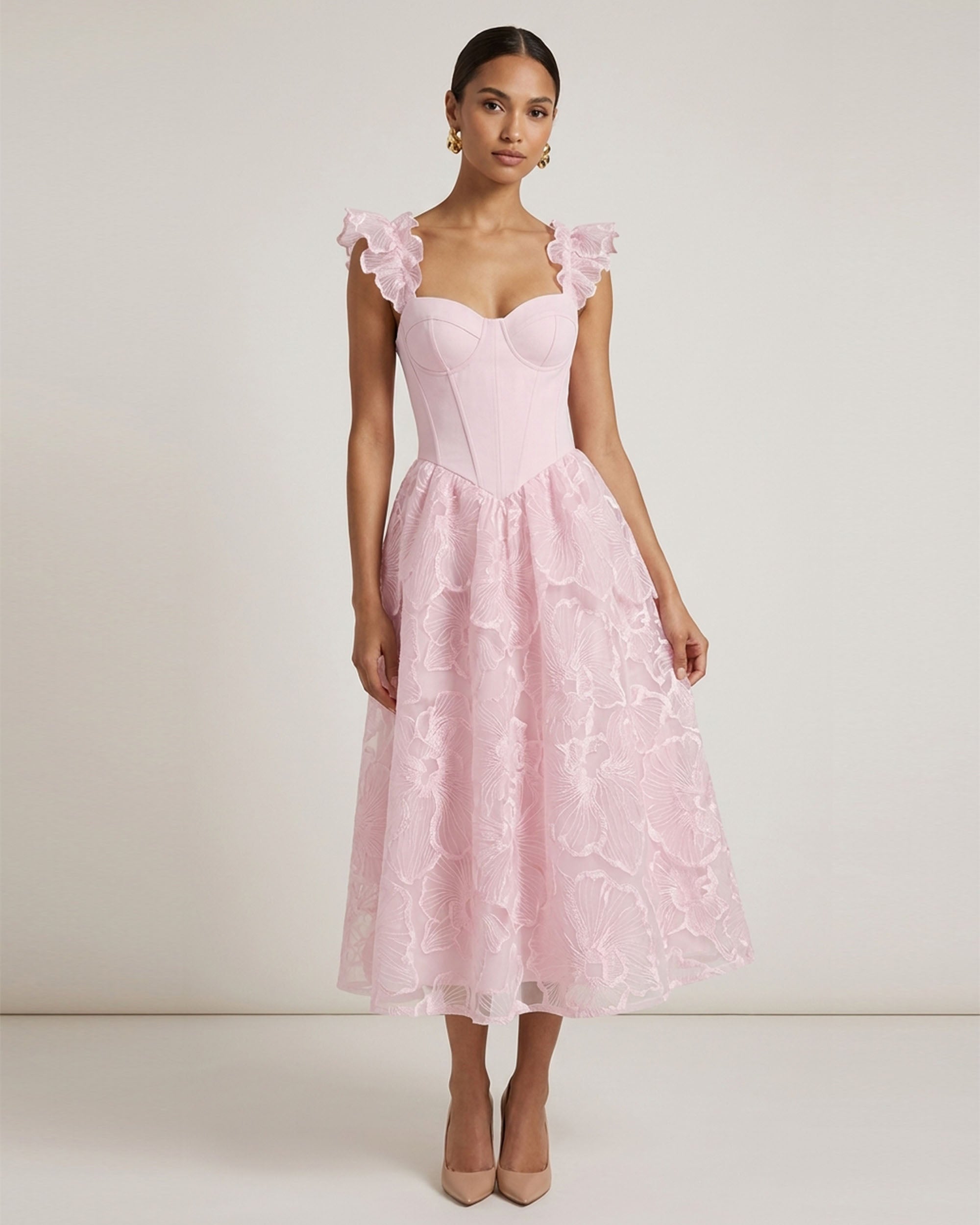 pink flutter sleeve midi dress Light Pink Flutter Sleeve Ruffle Hem Midi Dress