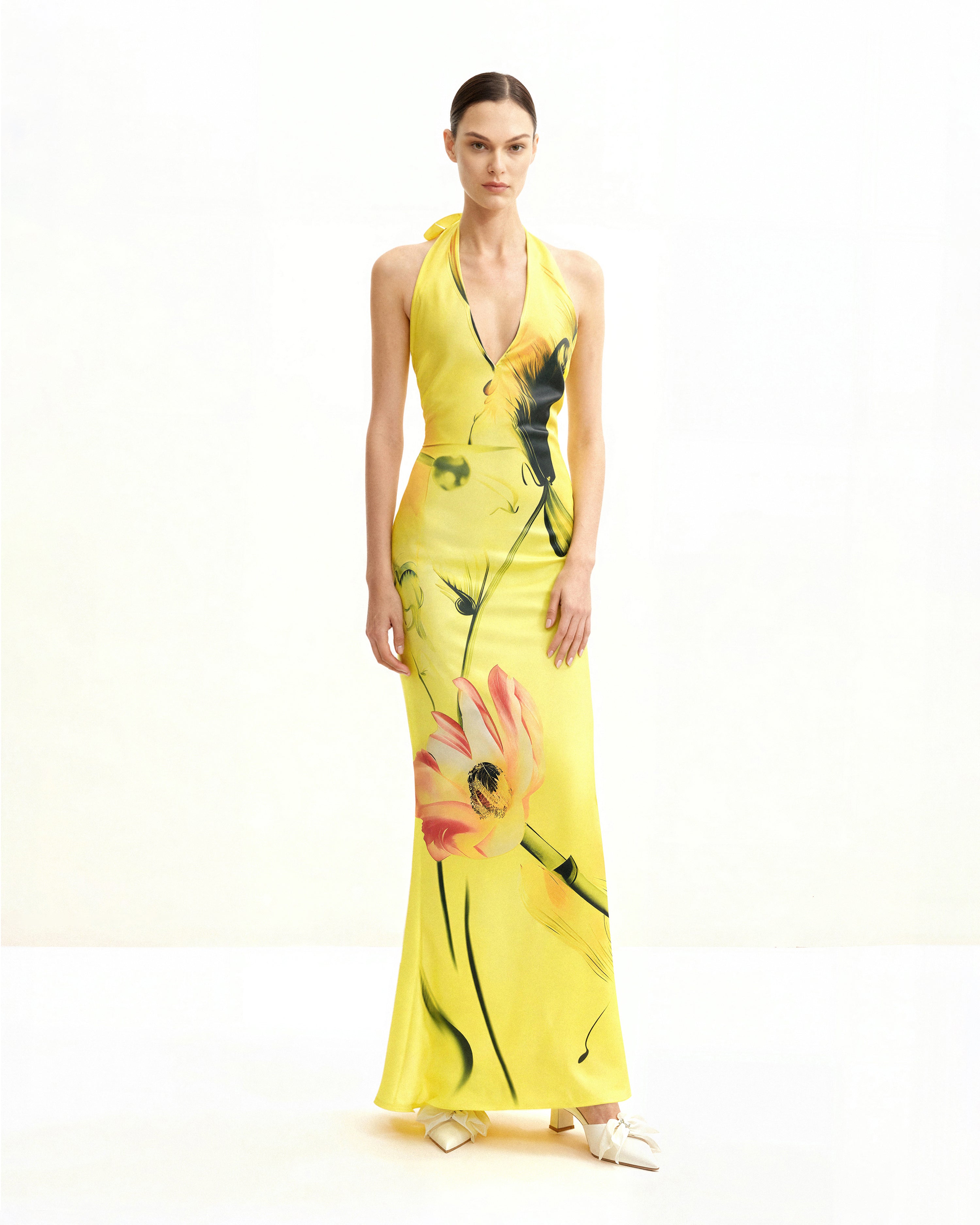 Floral Satin Halter Dress - Yellow/Pink 6 | UK Floral Satin Halter Dress - Yellow/Pink 6 | UK