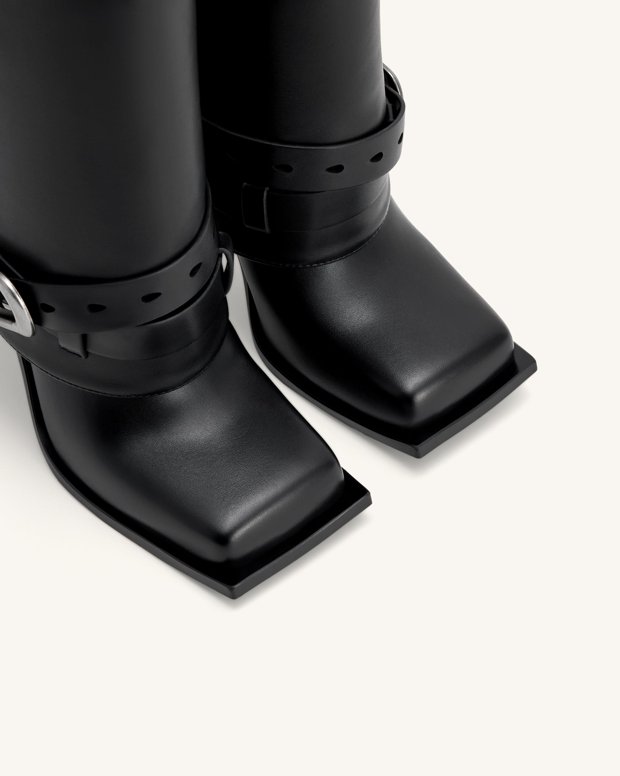 Emilia Western Buckled Leather Stiletto Boots - Black