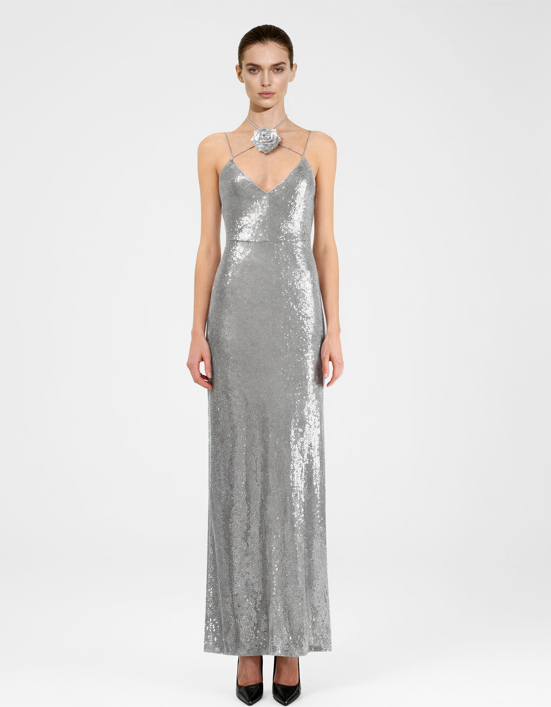 Heisey Silver Sequinned Rosette Maxi Dress - Silver 10 | US Heisey Silver Sequinned Rosette Maxi Dress - Silver 10 | US