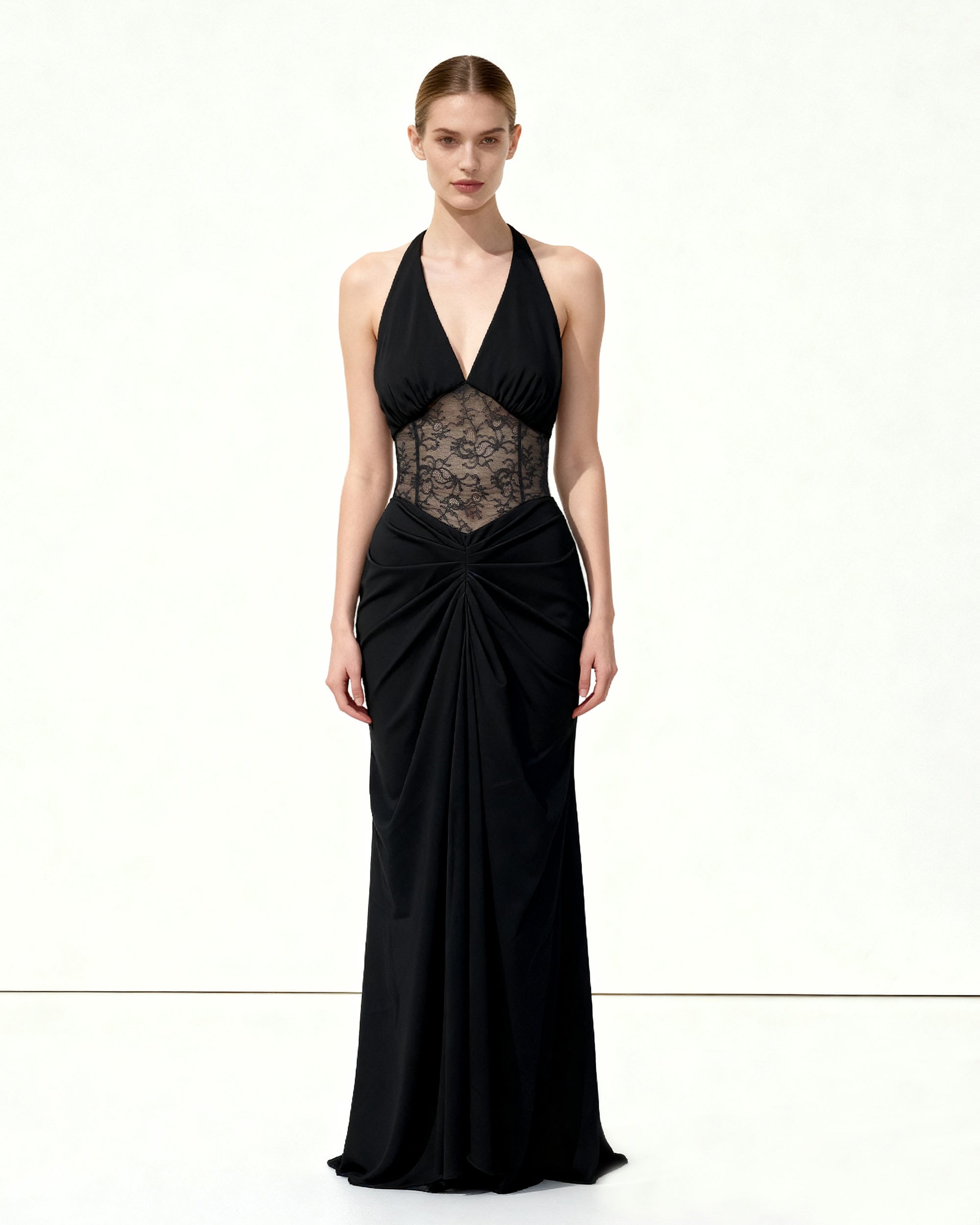 Ruched Lace Panel Maxi Dress - Black 8