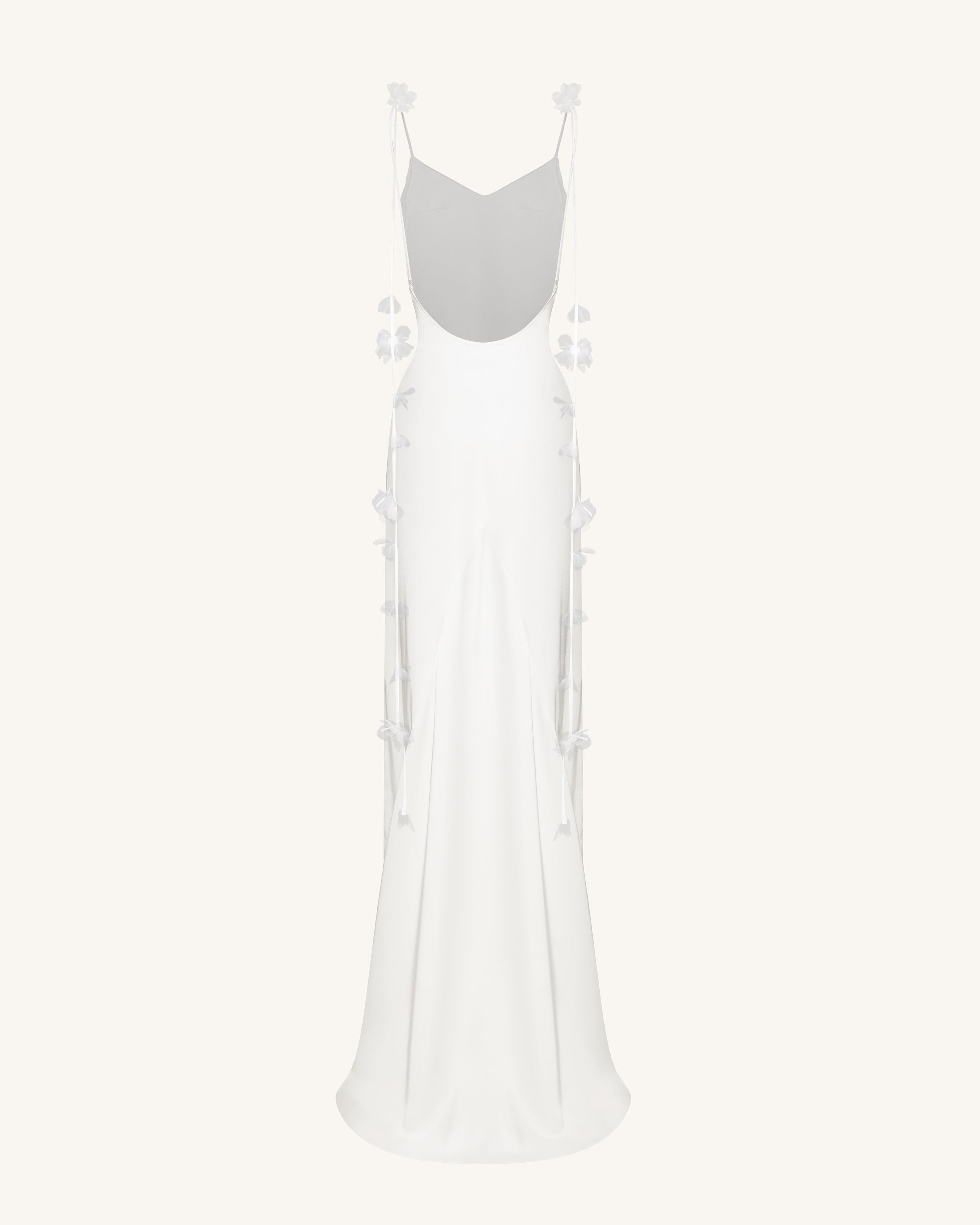 Satin Strappy Maxi Dress with Floral Streamers - White