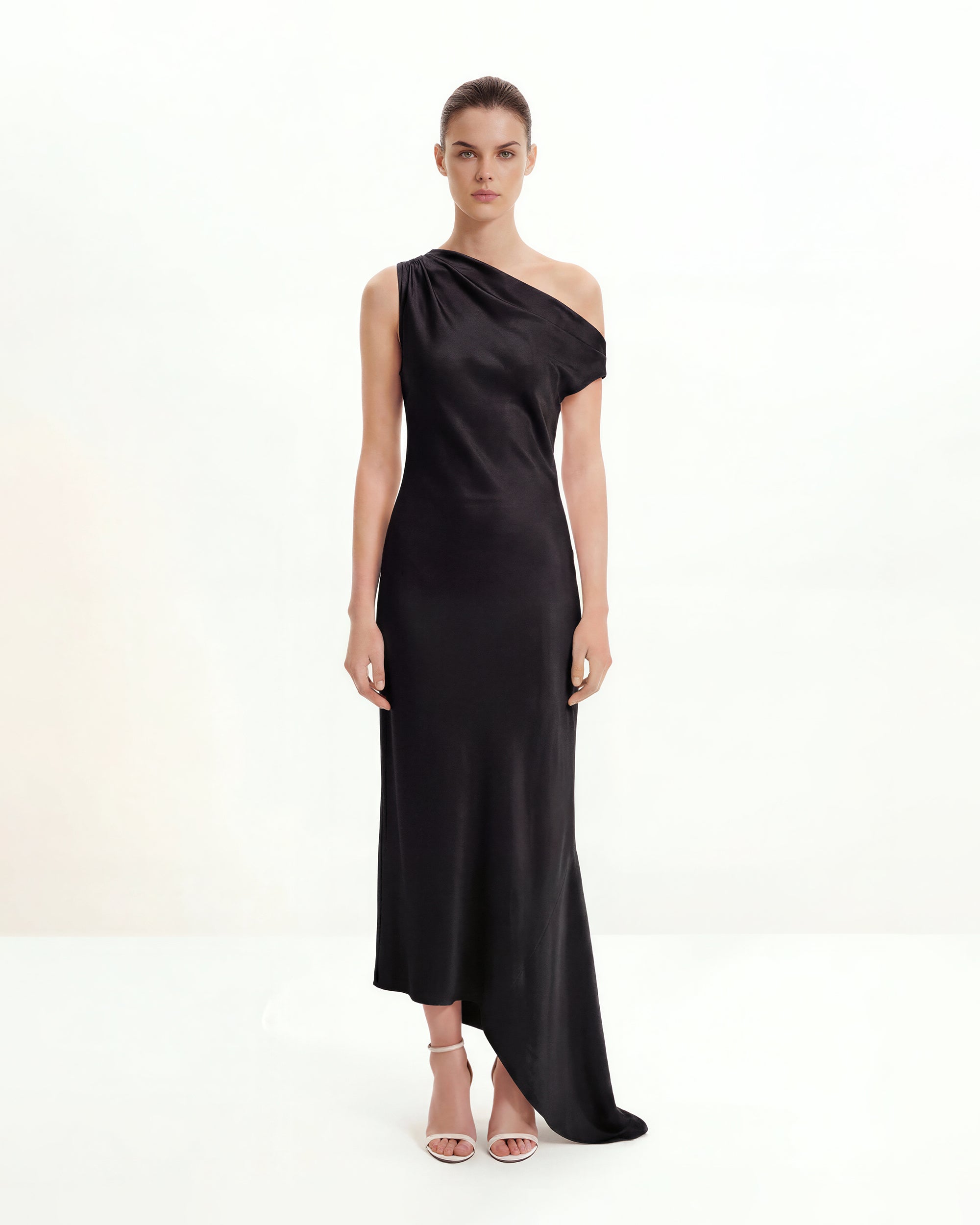 Satin Draped One-Shoulder Asymmetric Dress - Black 10