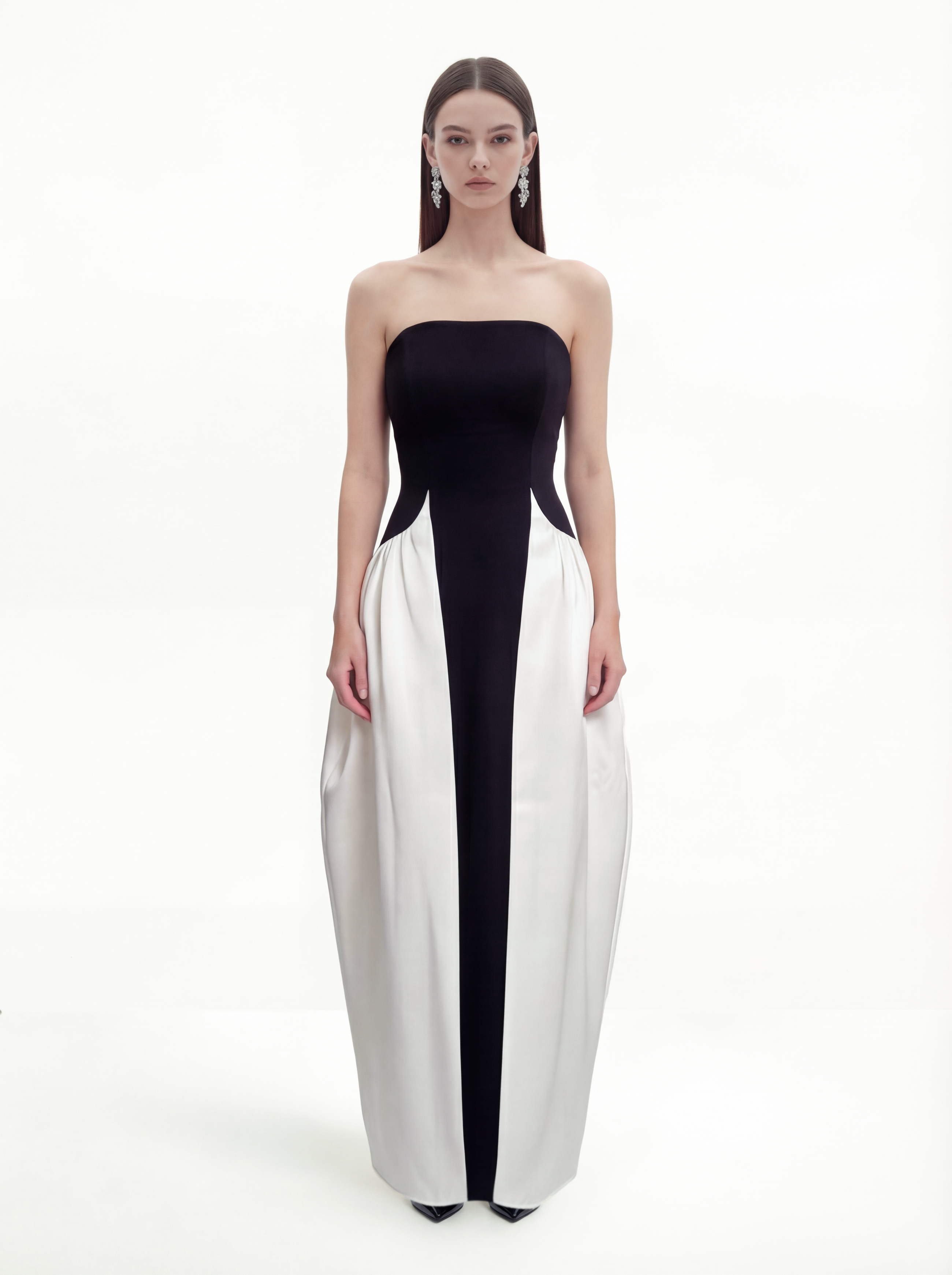 Monochrome Paneled Strapless Sculptural Maxi Dress - Black