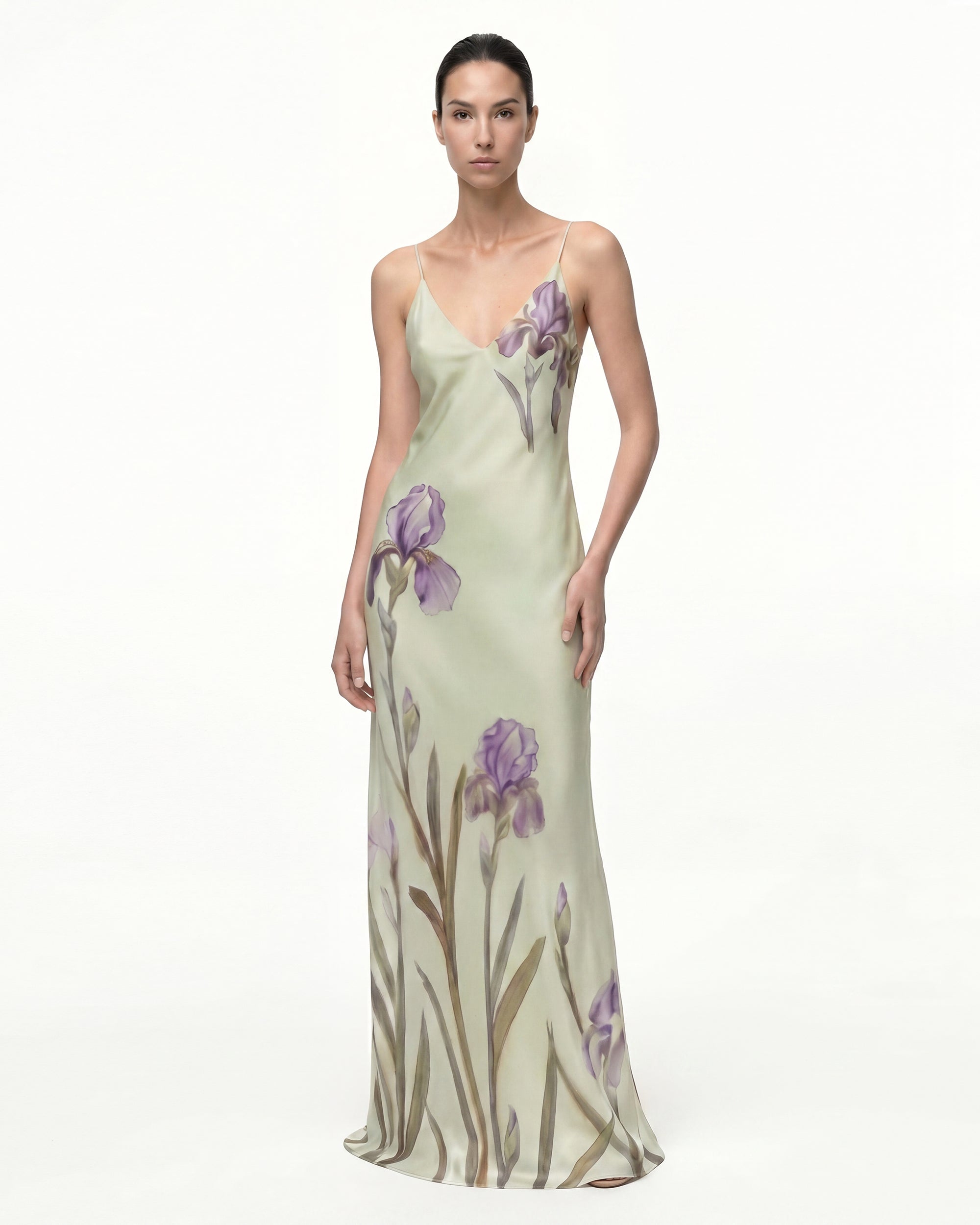 Iris Motif Satin Slip Gown - Light Green/Purple | JW PEI