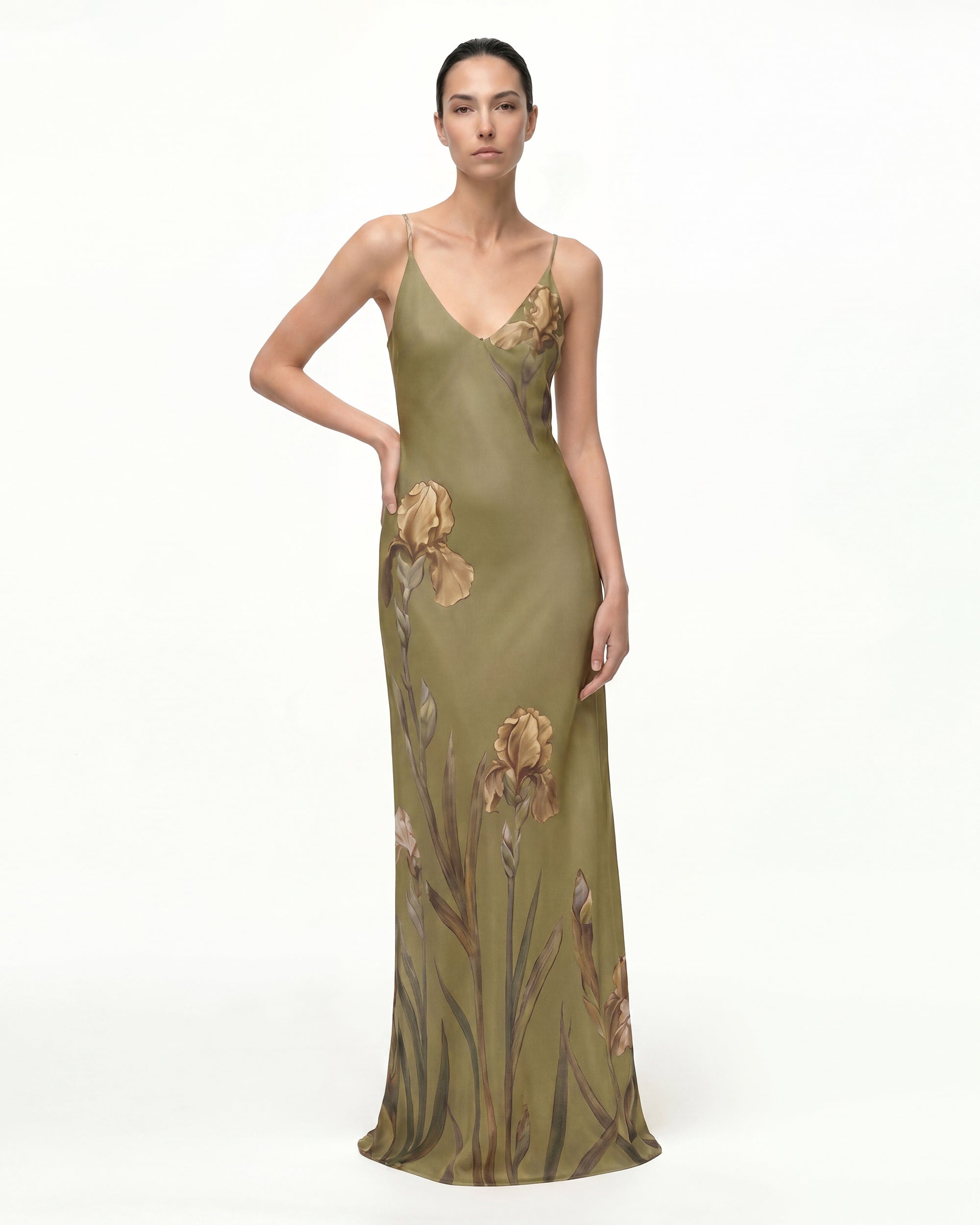 Iris Motif Satin Slip Gown - Olive Green | JW PEI