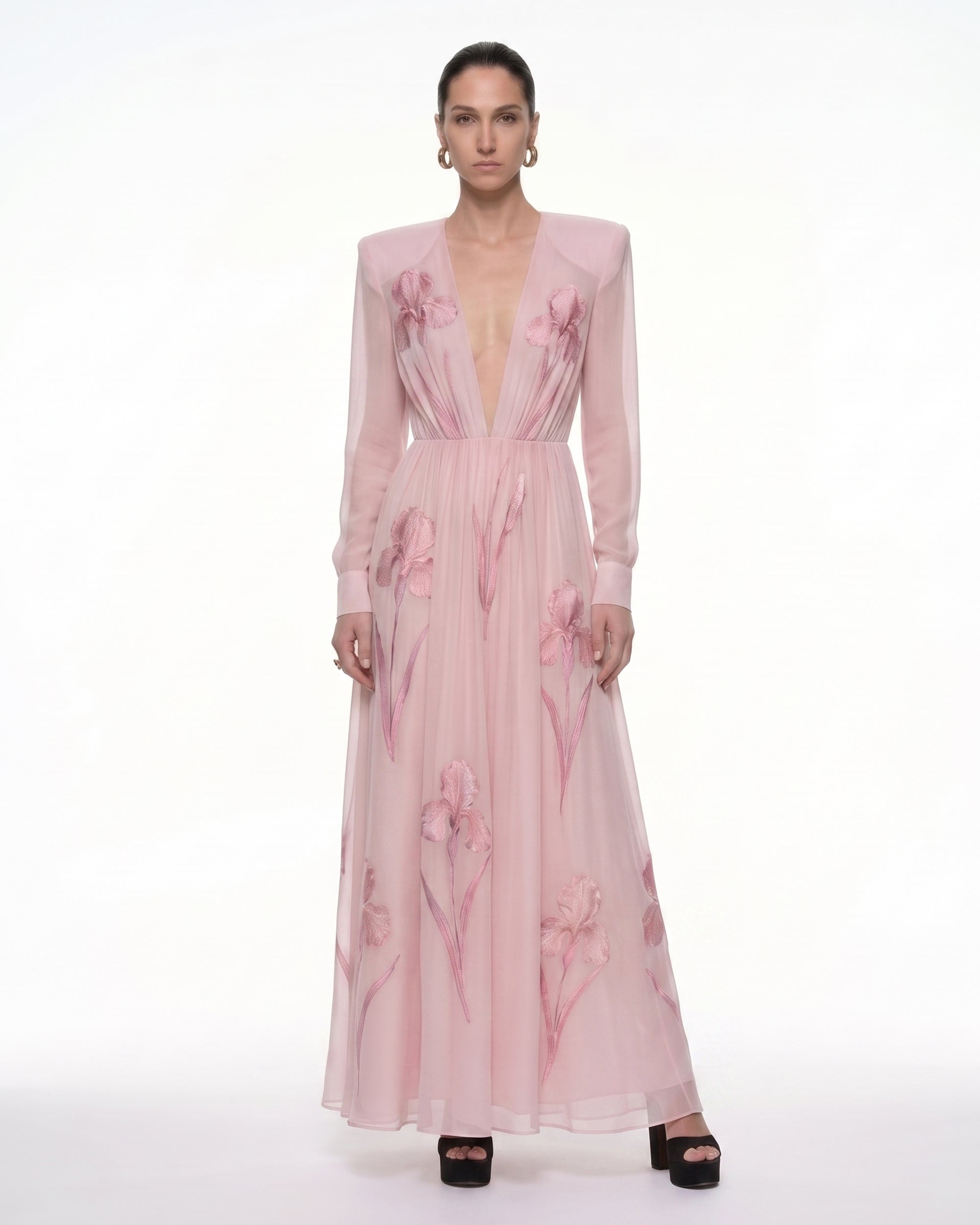 pink dress with sheer sleeves NOVA | Pink Floral Midi Dress with Sheer Sleeves
