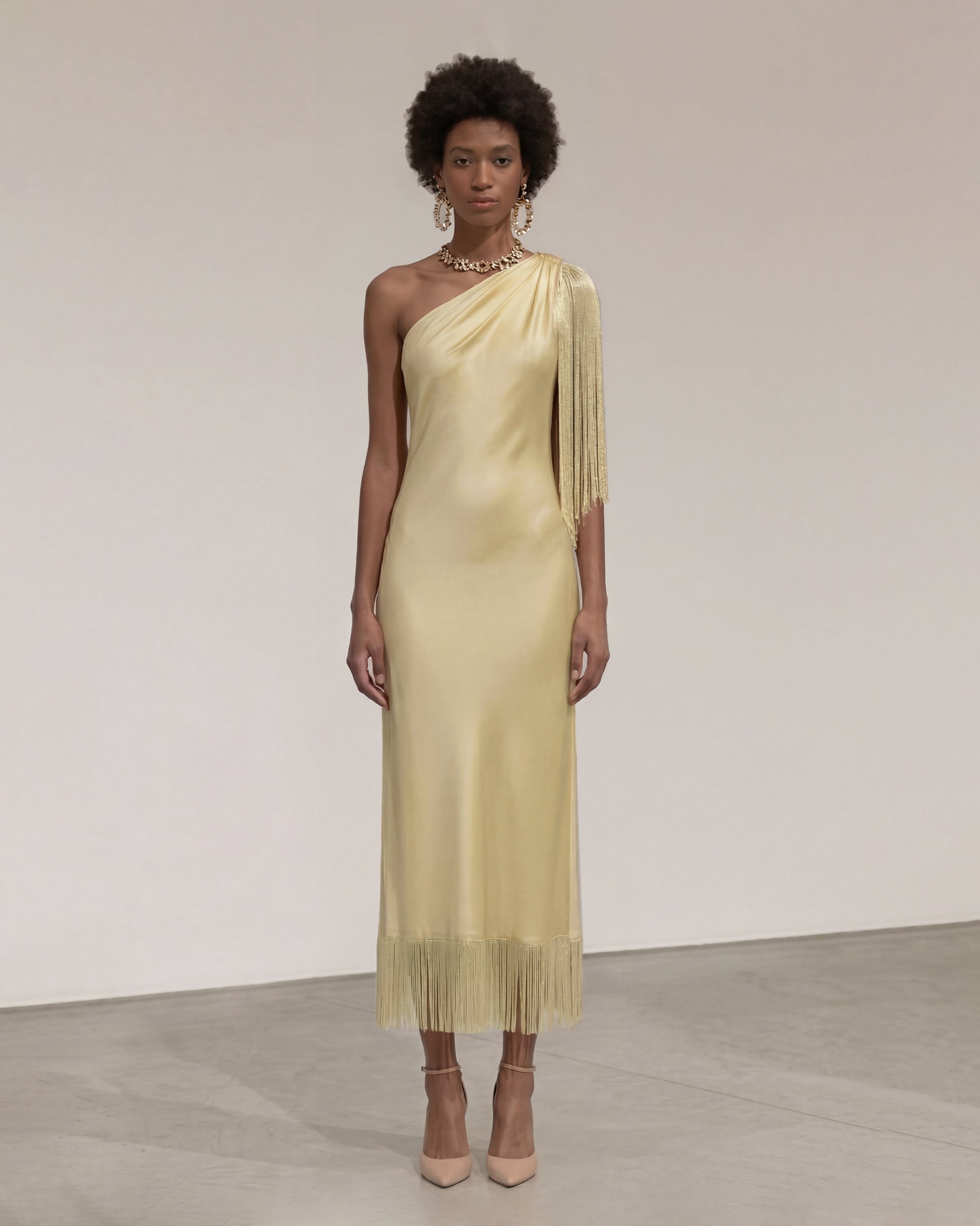 One Shoulder Fringe Midi Dress - Champagne 10