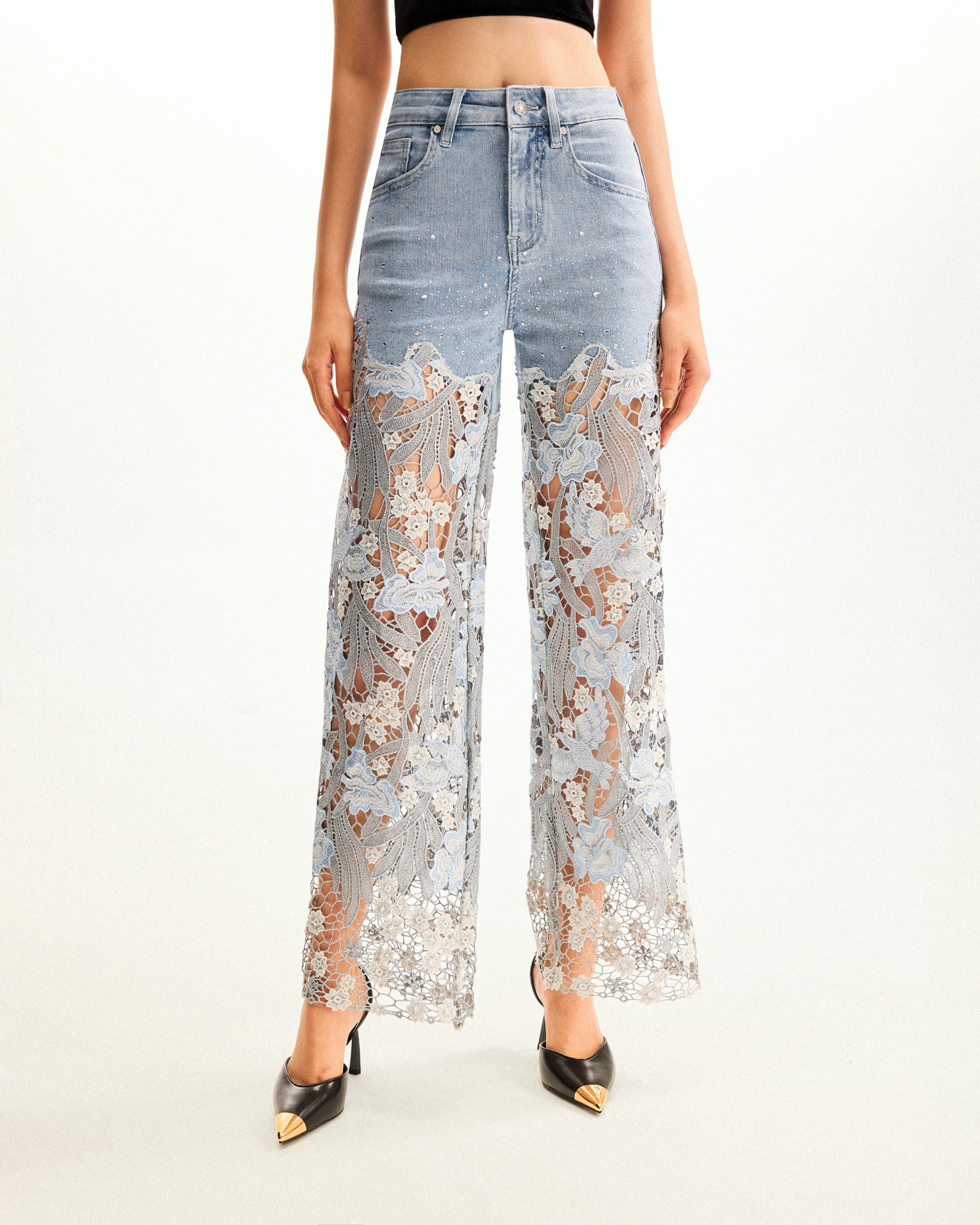 Embroidery High Rise Wide Leg Lace Denim Jeans With Rhinestone