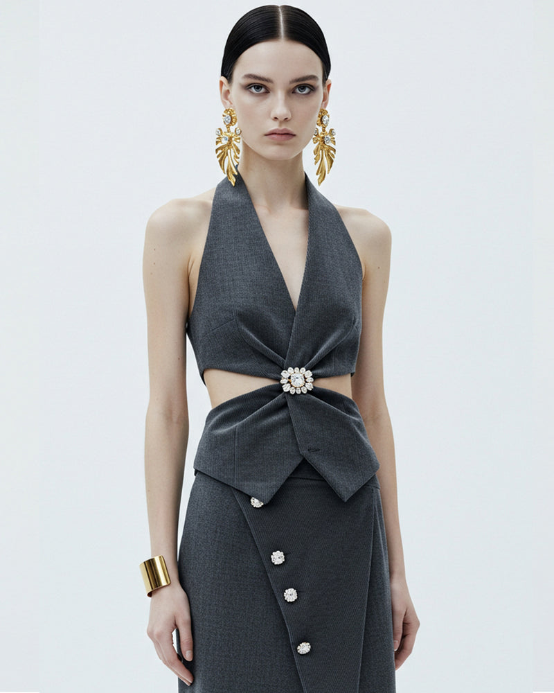 Halter Neck Cut-Out Dress - Gray