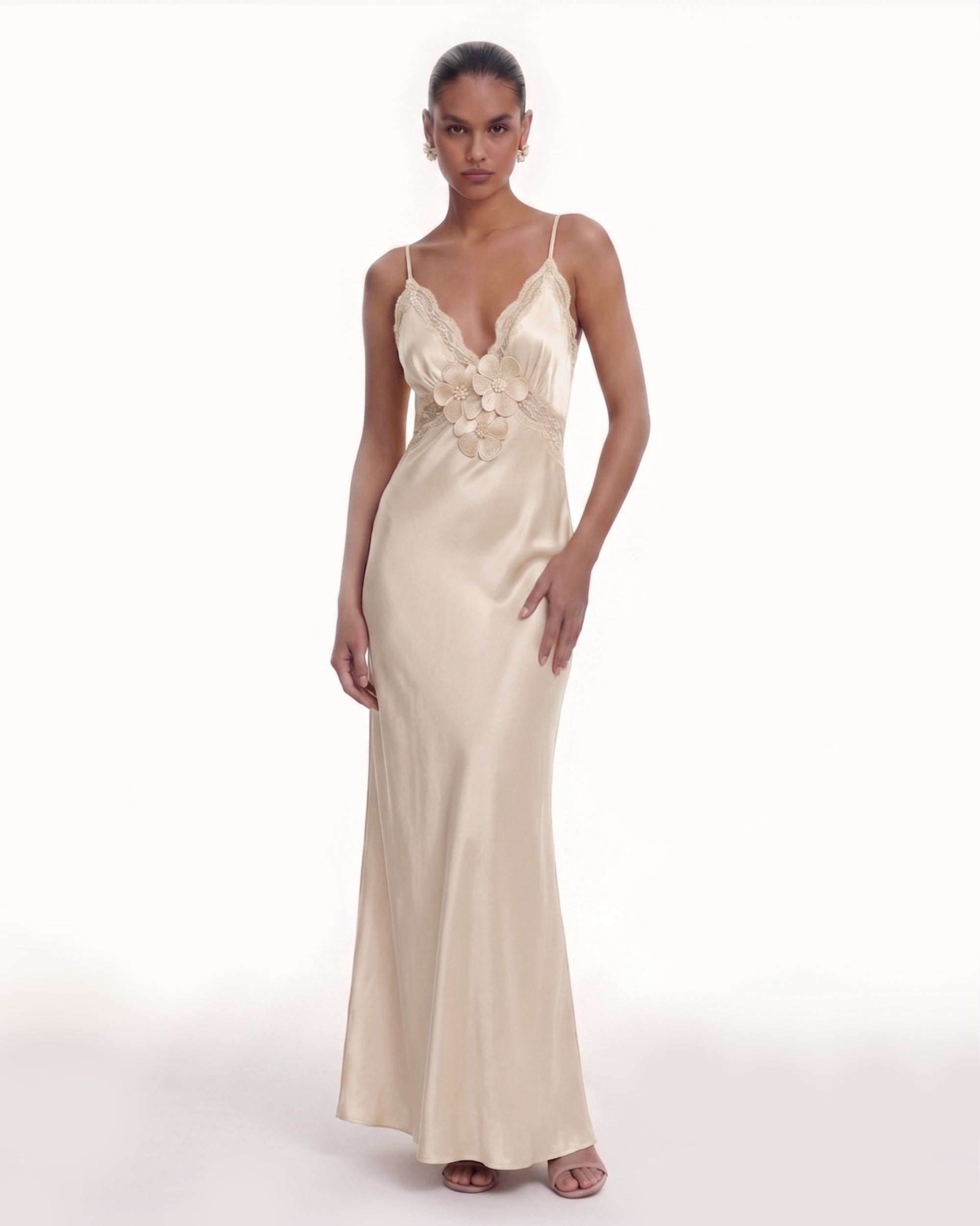 Floral Appliqué Lace Bodice Satin Maxi Dress