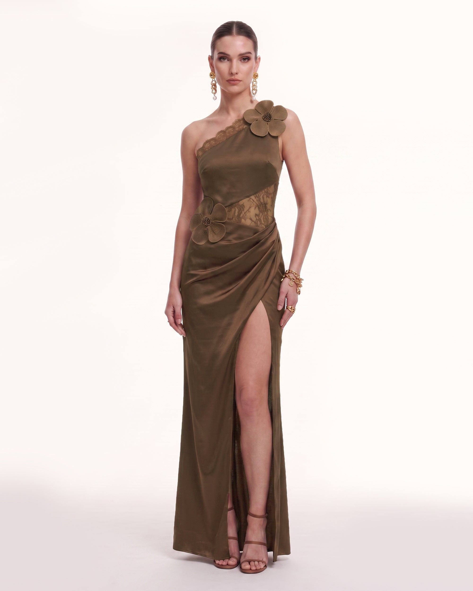 Floral Appliqué One-Shoulder Slit Satin Maxi Dress - Brown