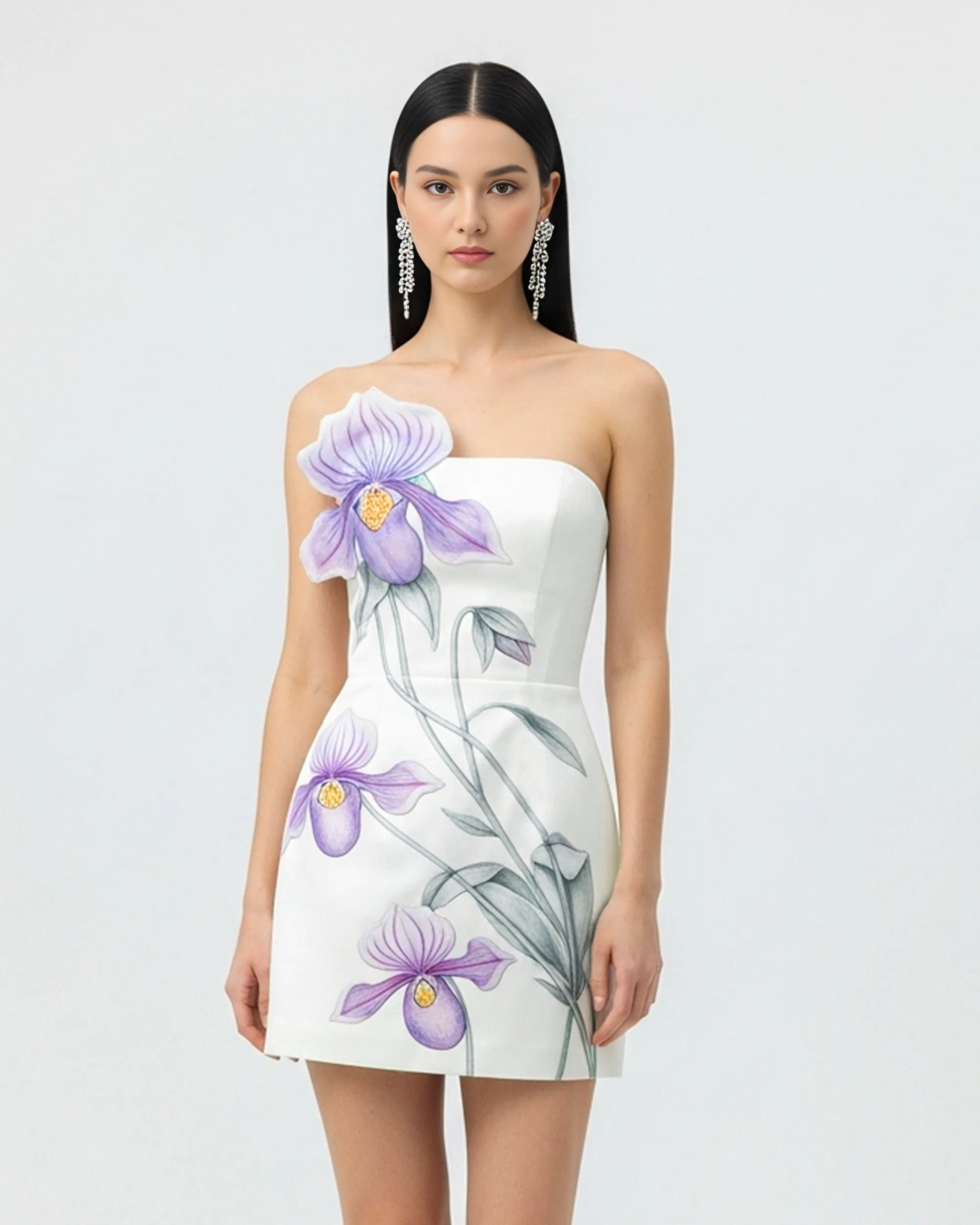 Slipper Orchid Appliqué Mini Dress - White