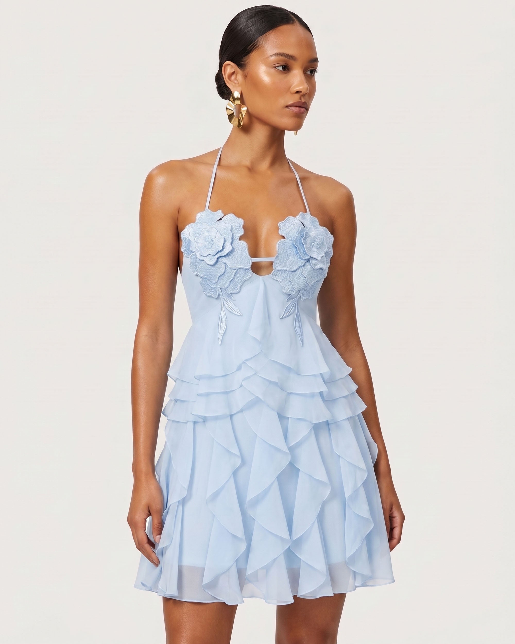 Flower Embroidered Halter Ruffled Mini Dress - Light Blue | JW PEI
