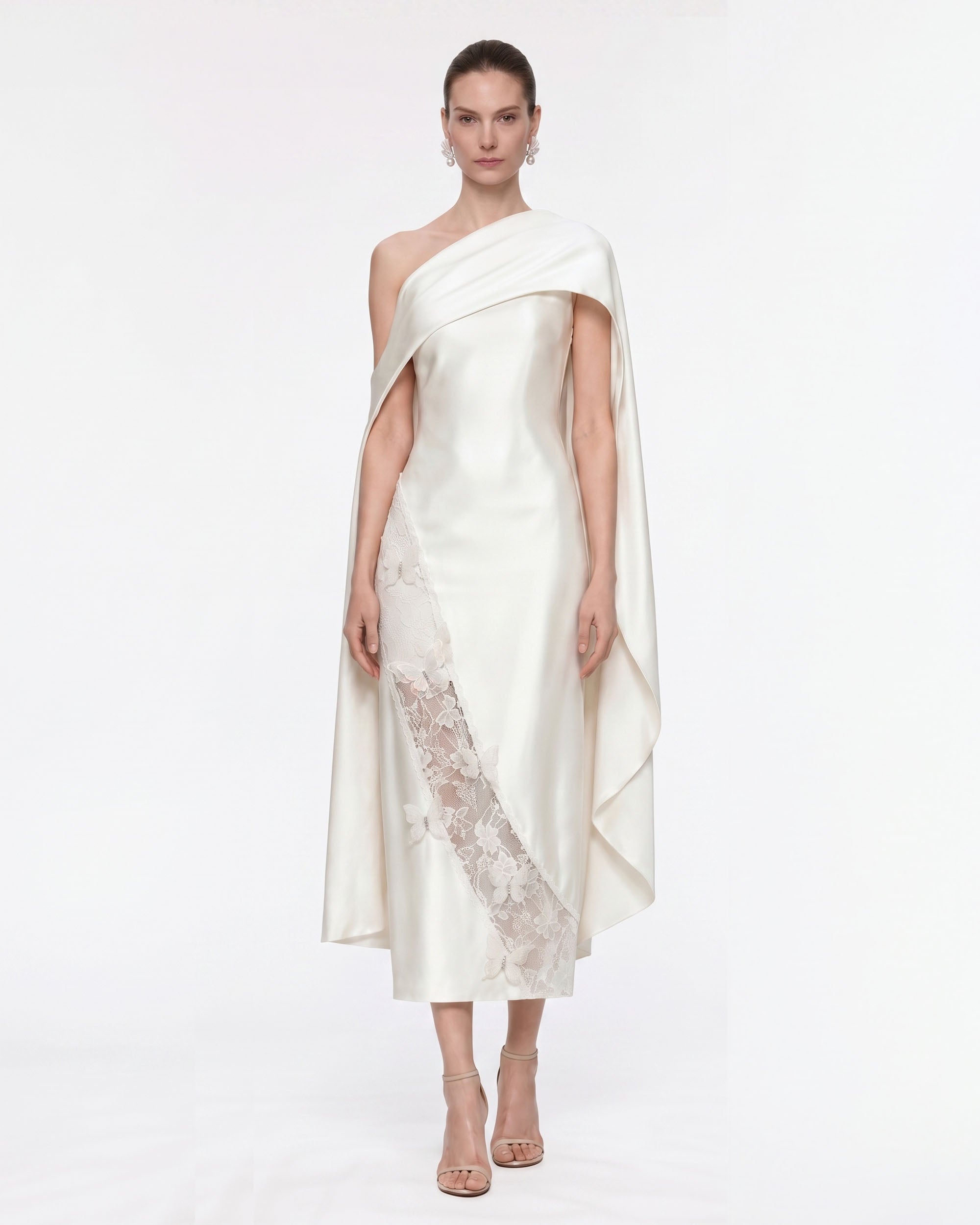 Butterfly Lace Panel Draped Satin Midi Dress - Ivory