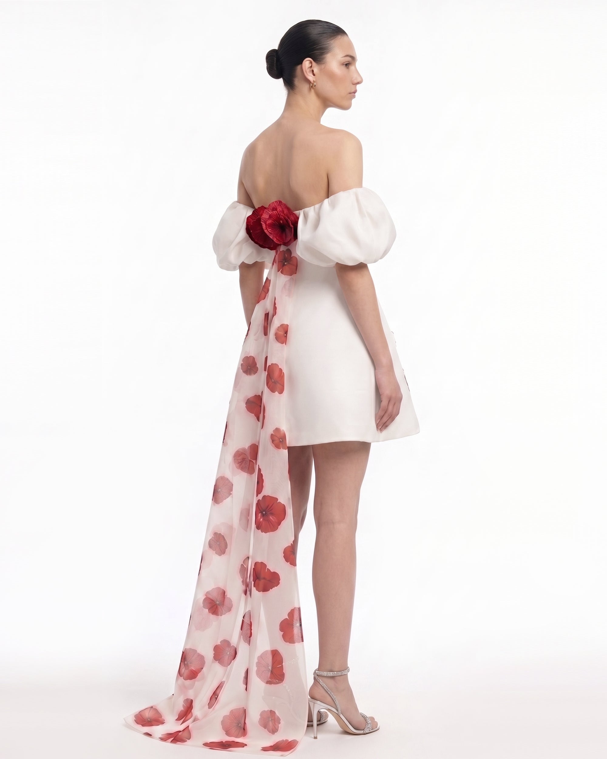 3D Floral Corn Poppy Puff-Sleeve Mini Dress with Train - Ivory 8